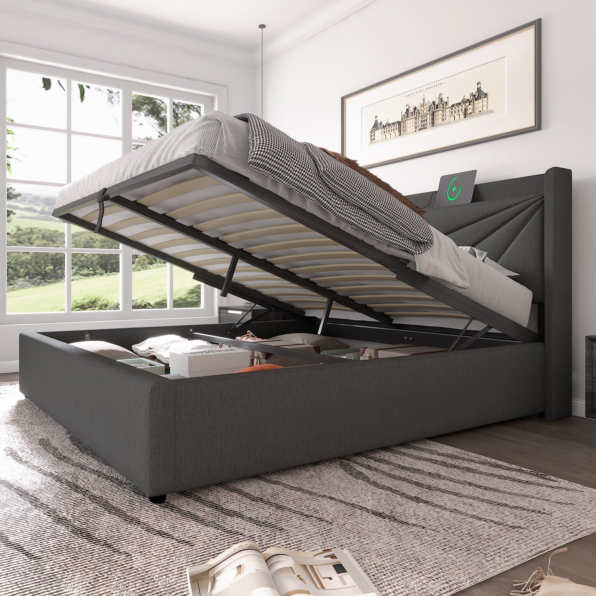 Upholstered Double Bed with Storage, USB Type C Charging and Slatted Base, 180x200cm, Linen material