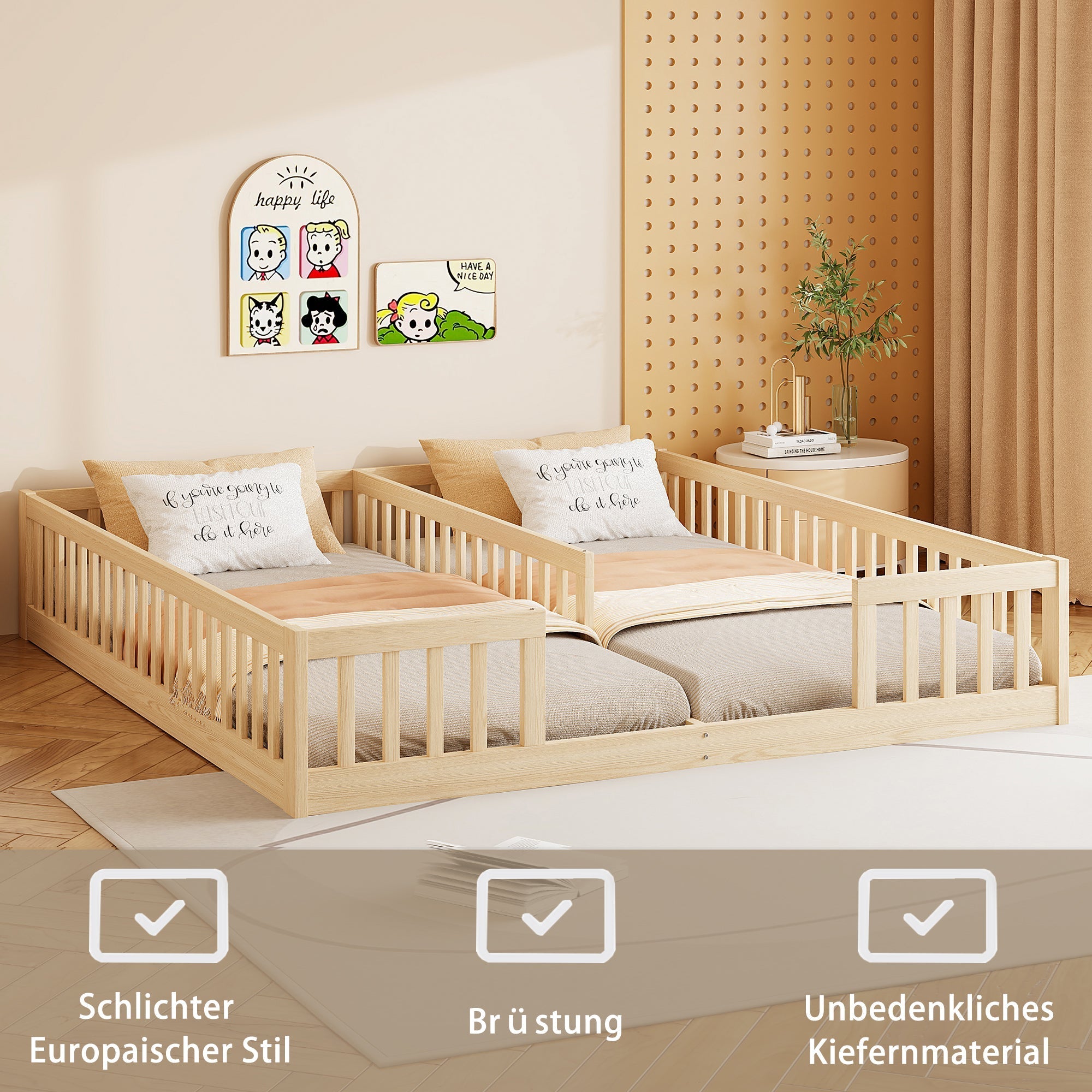 Panel Bed with Guardrails and Slatted Base, 90 x 200 cm, Pine Wood Natural