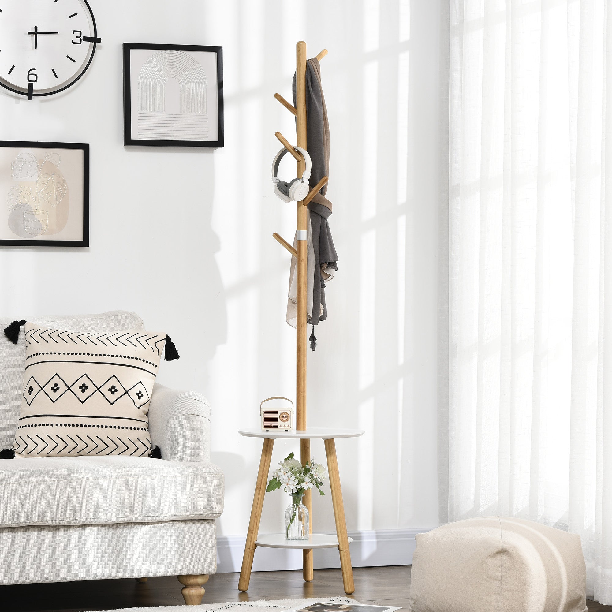 Coat Rack, 5 Hooks, Side Table, 171cm, Natural White