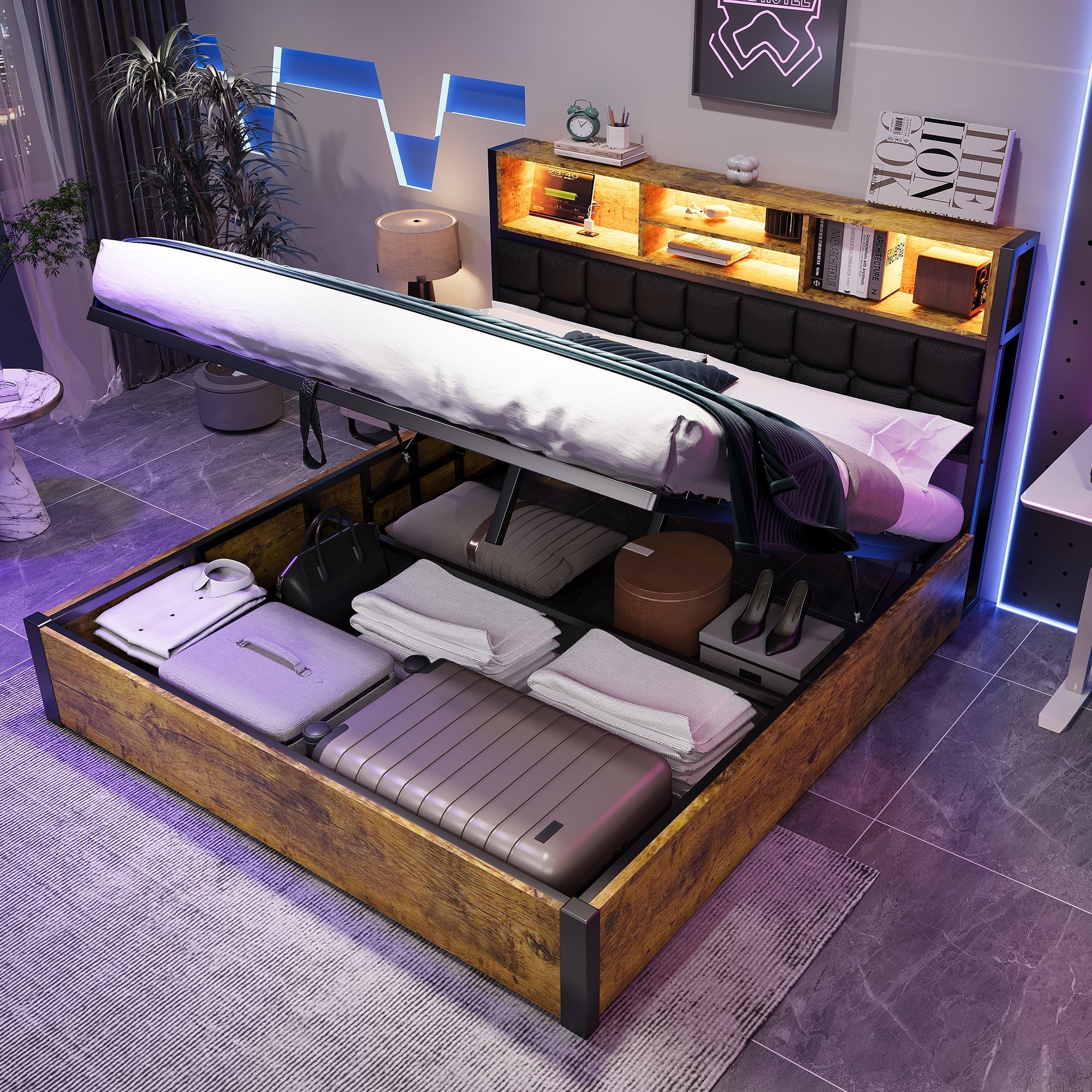 Hydraulic Bed with Charging Port, LED Light & Storage, 4ft6 Double, Black + Wood