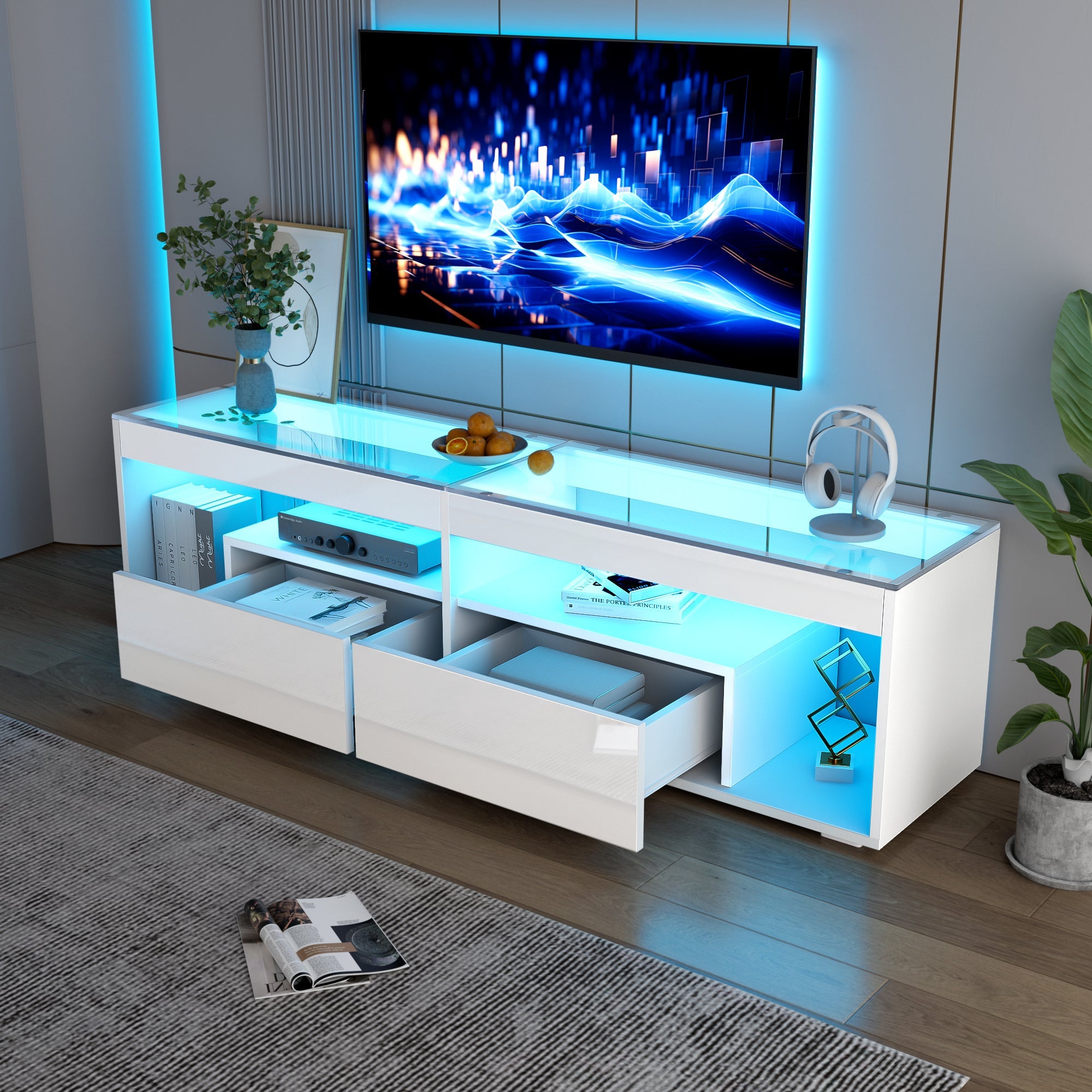 LED High-Gloss TV Cabinet for 70 Inch TVs, 2 Drawers, White