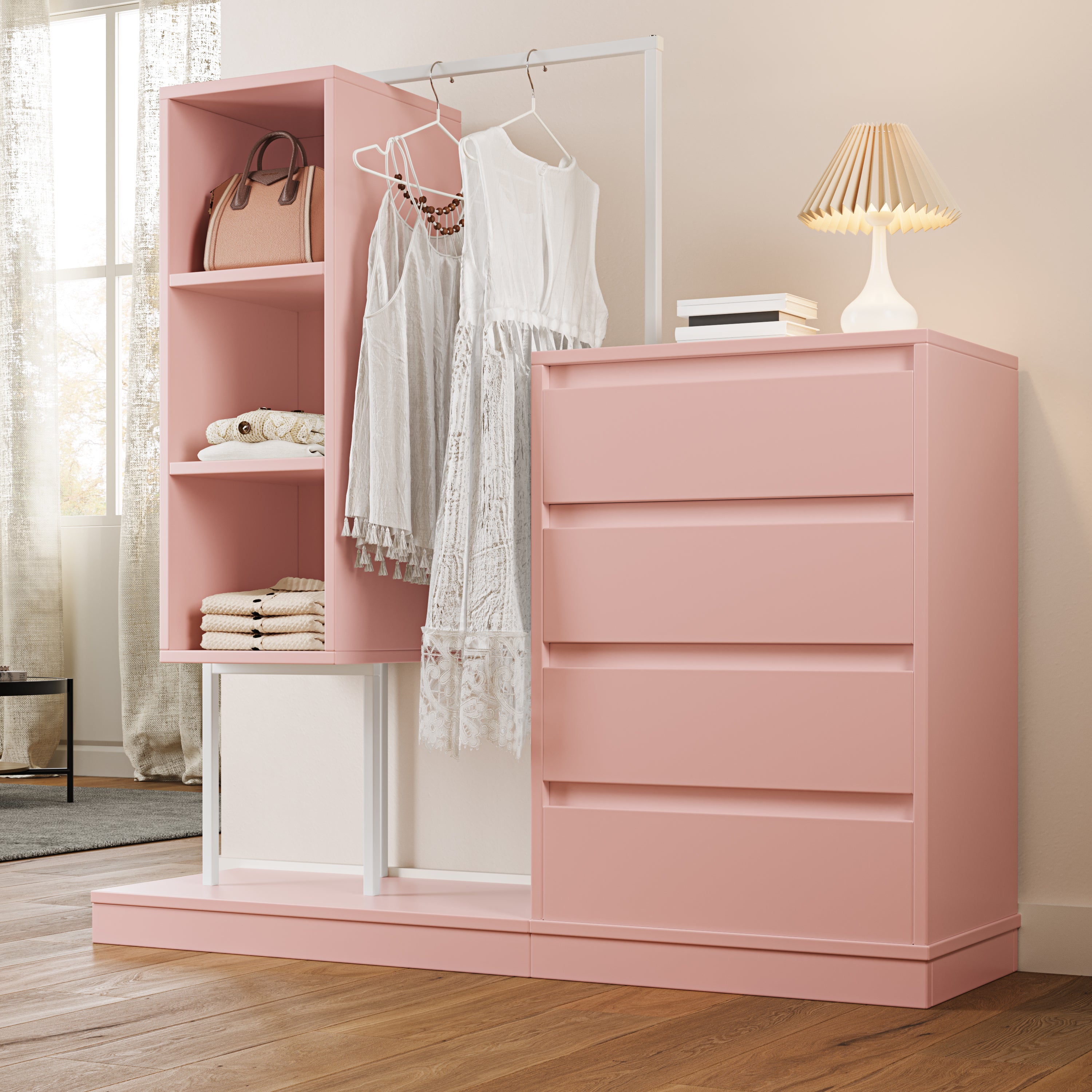 Drawer Cabinet Wardrobe Set, Sideboard Clothes Rail W140/W40/H135, Pink