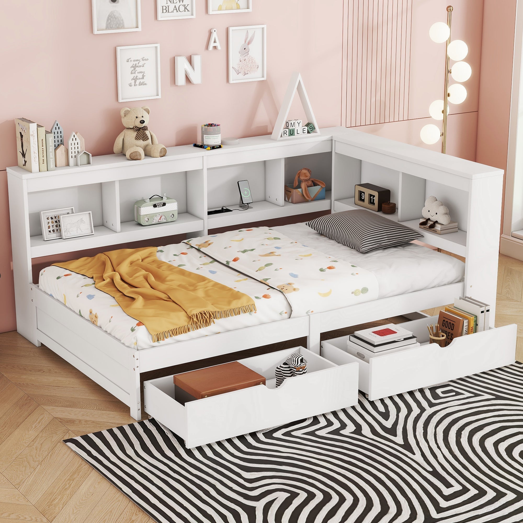 Daybed Sofa Bed 90x200cm 2 Drawers Power Outlet USB - White Chipboard