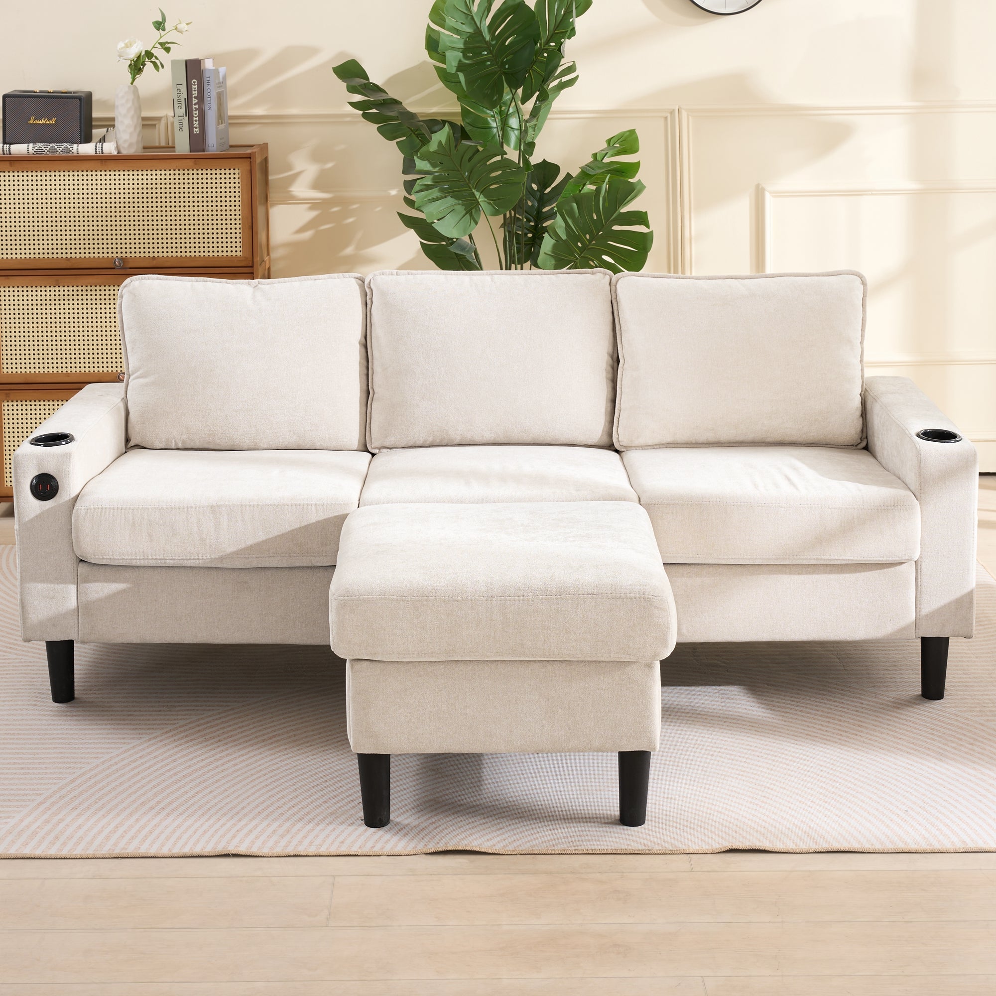 Upholstered Sofa, 3-Seater L-Shaped Sofa Bed with USB & Type-C Ports & Cup Holders, Beige