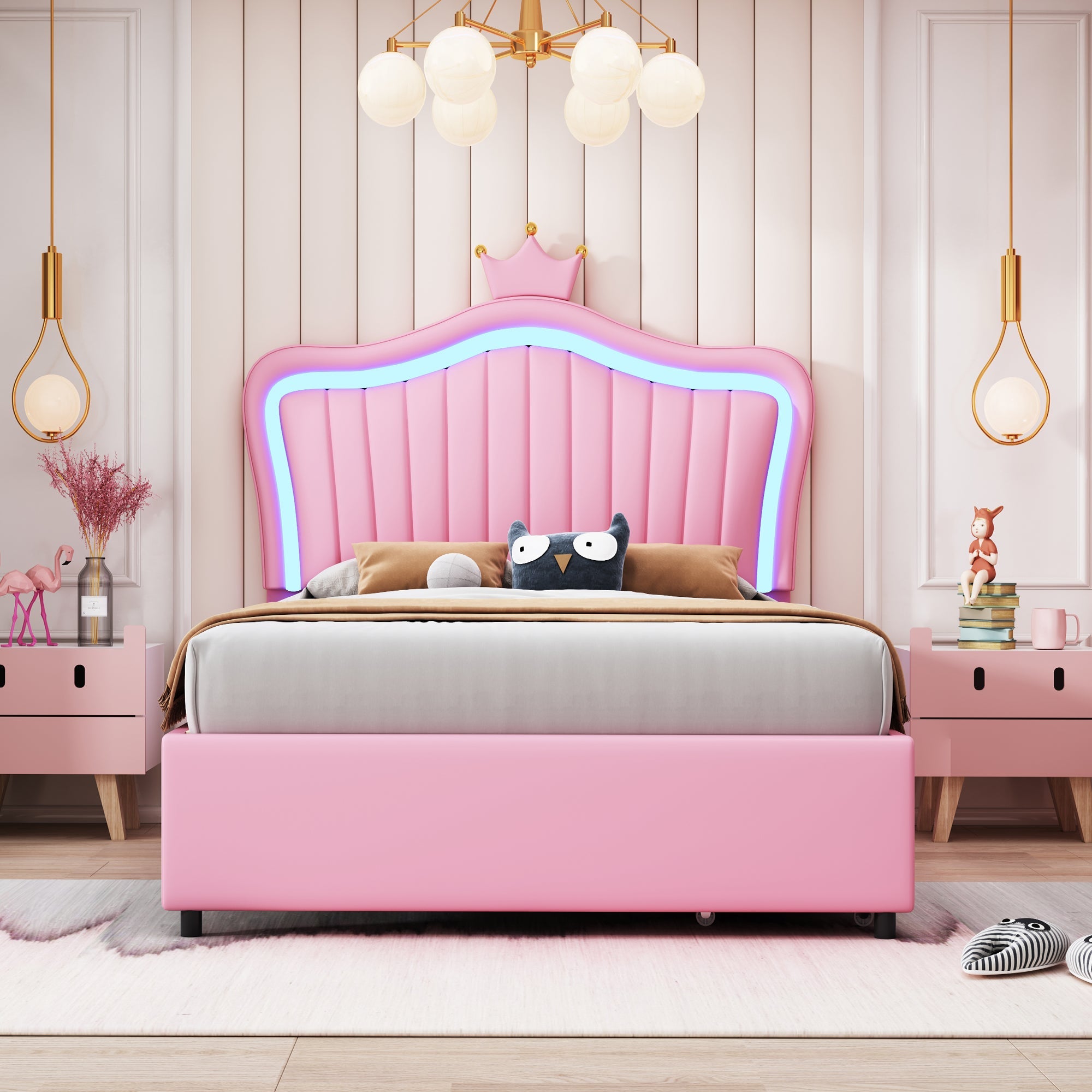 Children's Bed, Upholstered with Storage Drawers & LED Lights, Pink PU Leather
