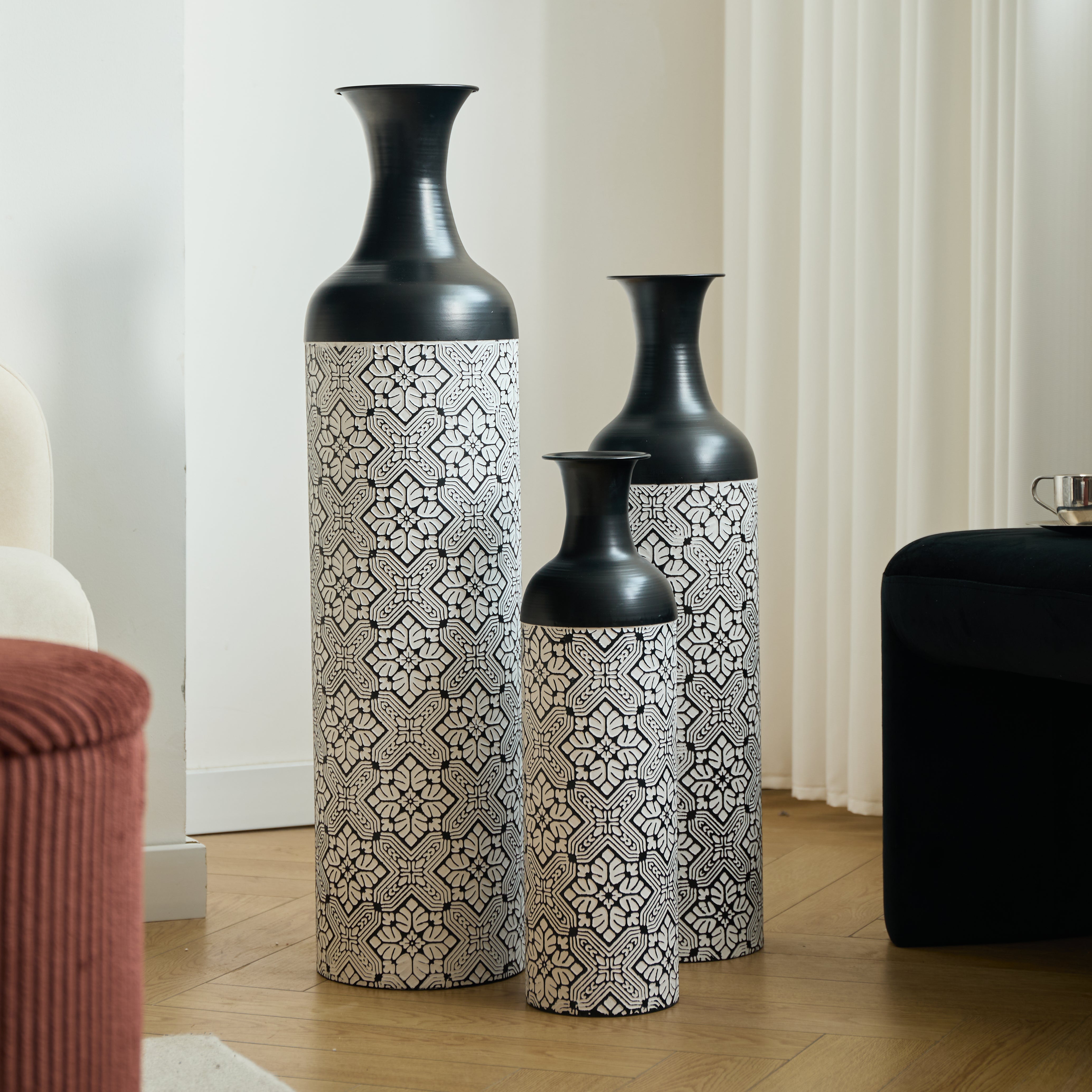 Floor to Ceiling Vase Set, 3-Piece Retro 83/65/50cm Decorative, Black and White Metal