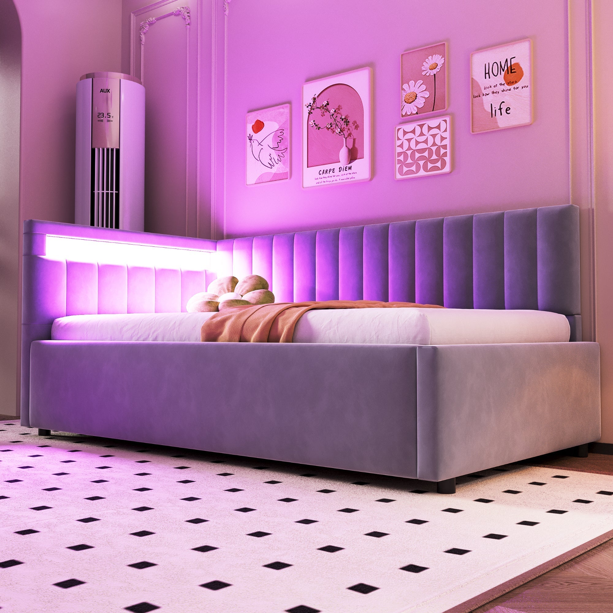 Upholstered Sofa Bed 90x200 with LED Lighting & Hydraulic Storage, Light Grey Velvet