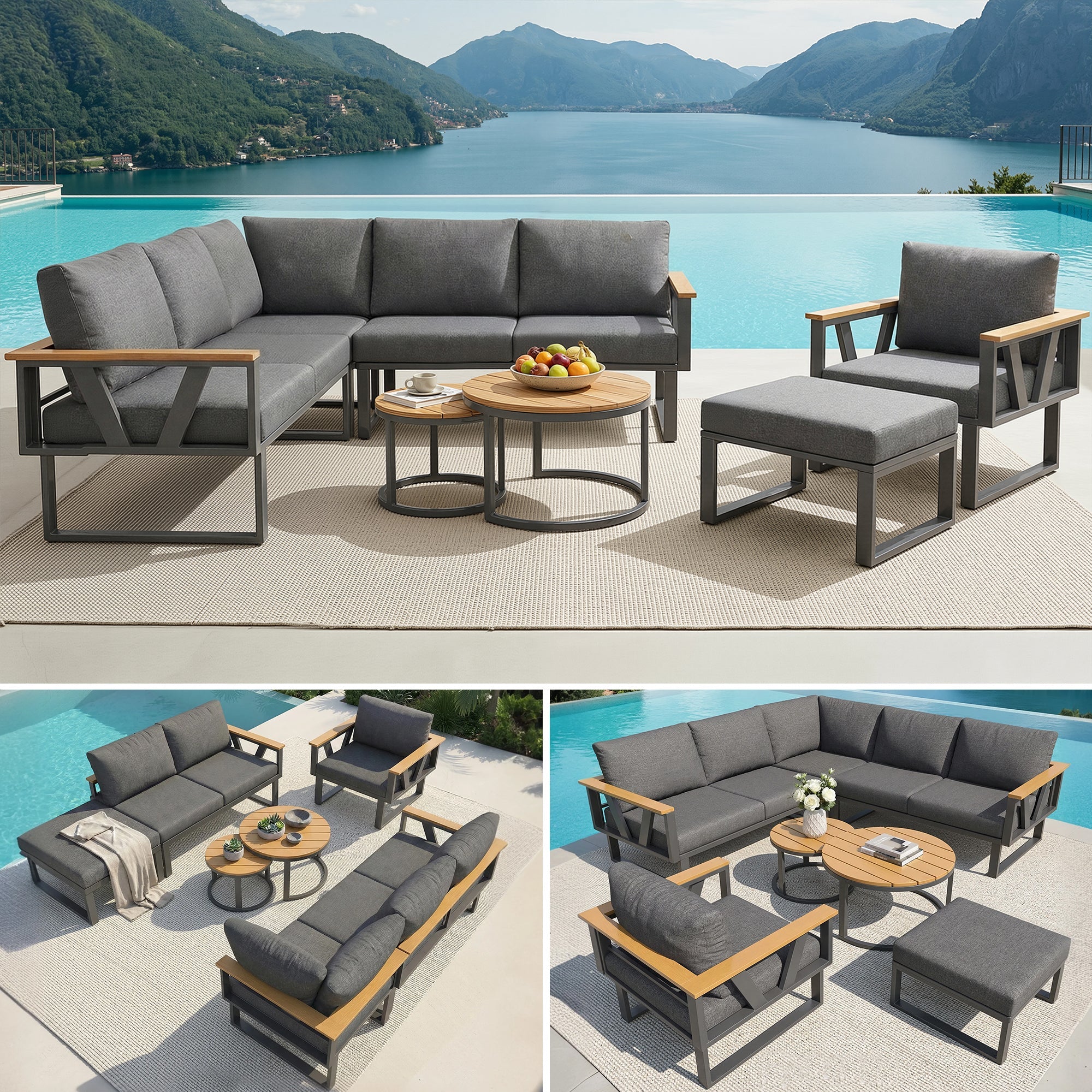 Modular Outdoor Seating Set with 9cm Cushions and 2 Wooden Tables, Grey/Beige