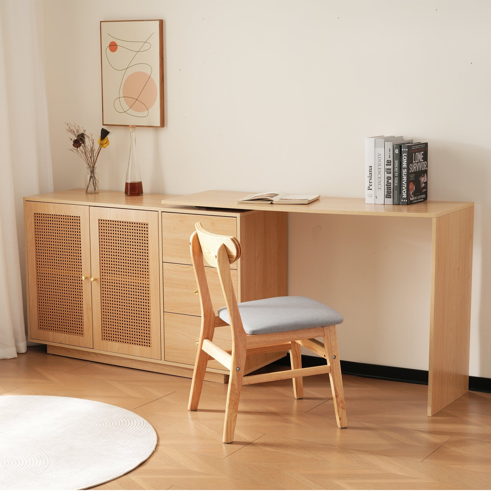 Desk, L-Shaped Corner Computer Table with Rattan Doors, 126 cm White