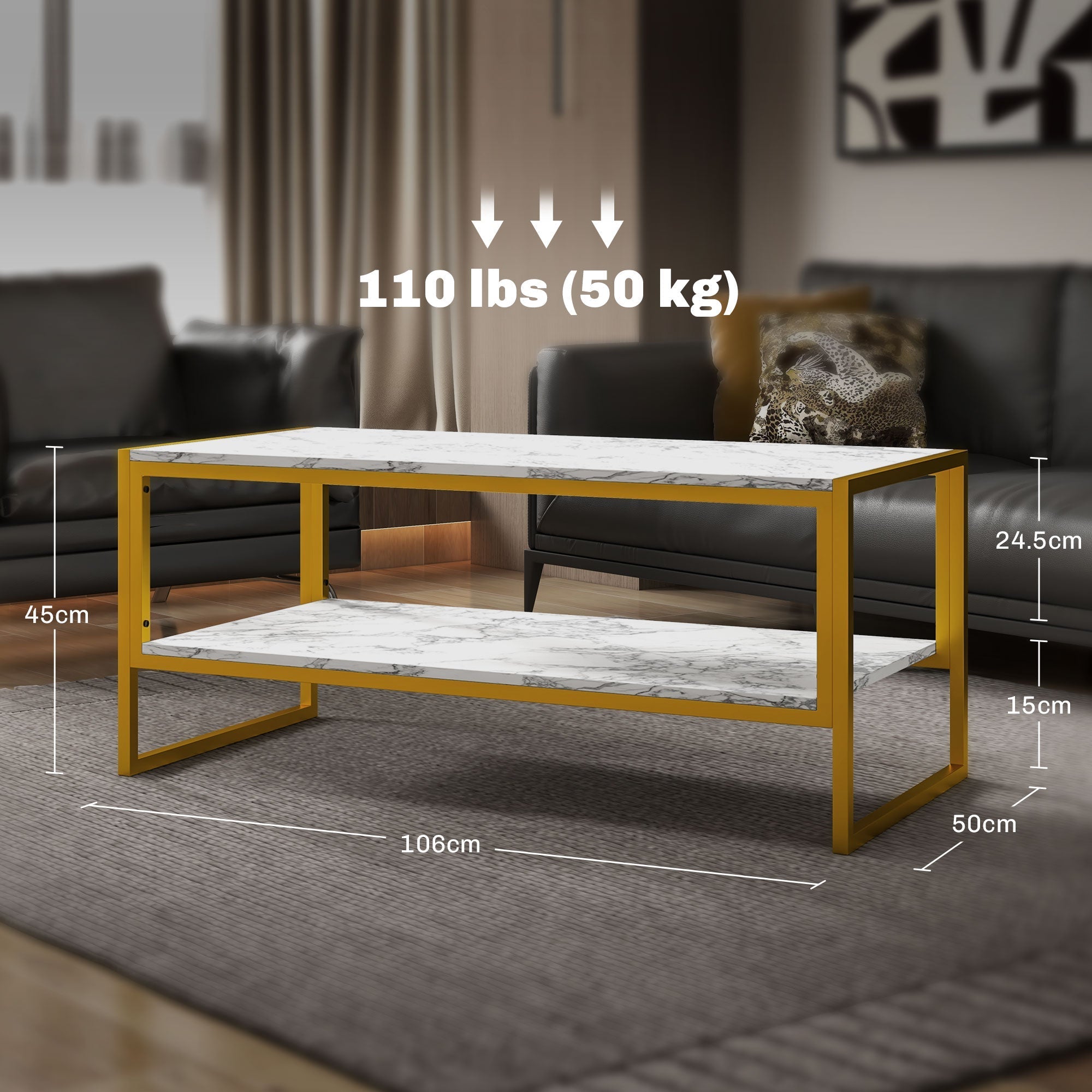 Coffee Table, Two-Tier Centre with Storage Shelf, Metal Frame, White