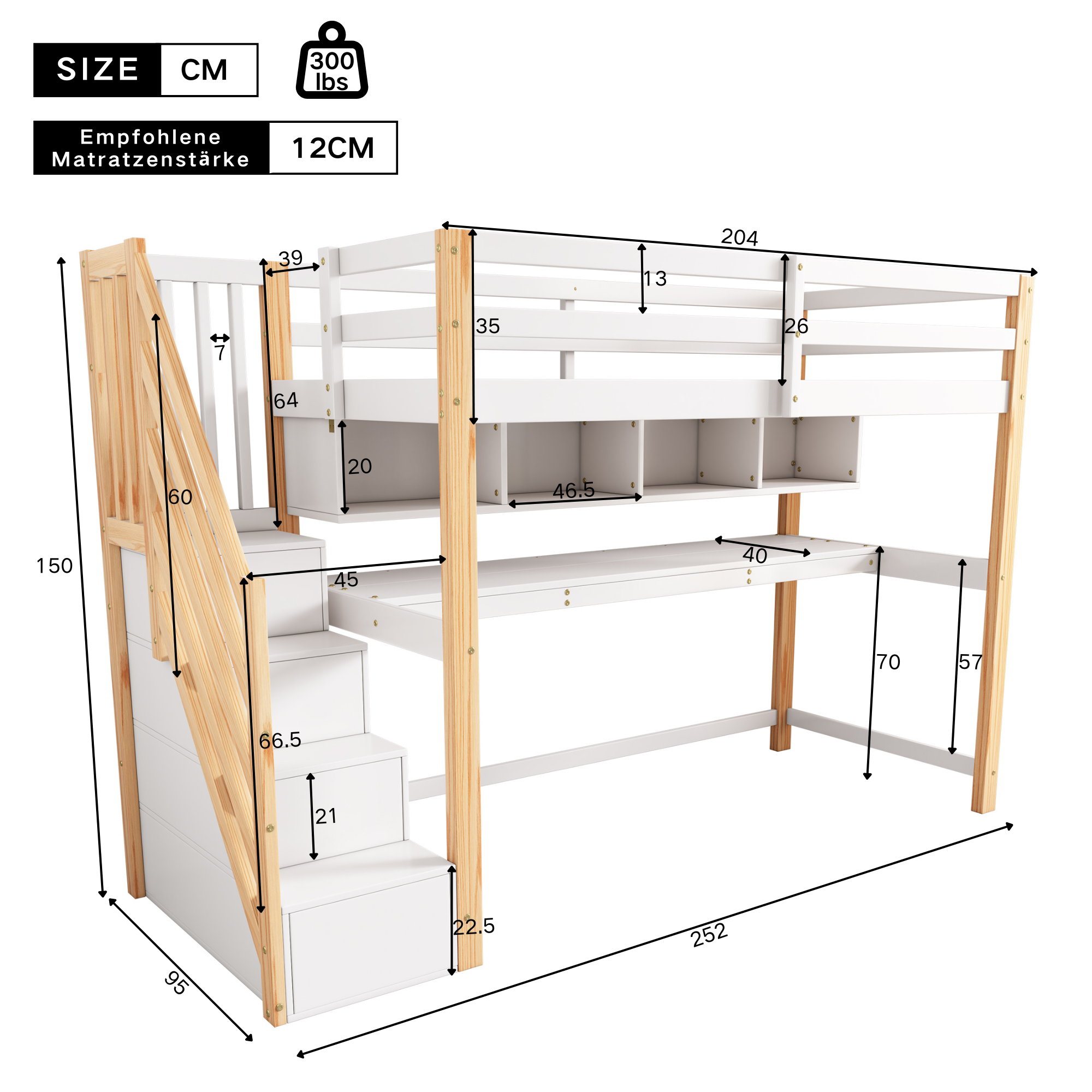 Children's Loft Bed with Large Desk and Shelves, Natural and White