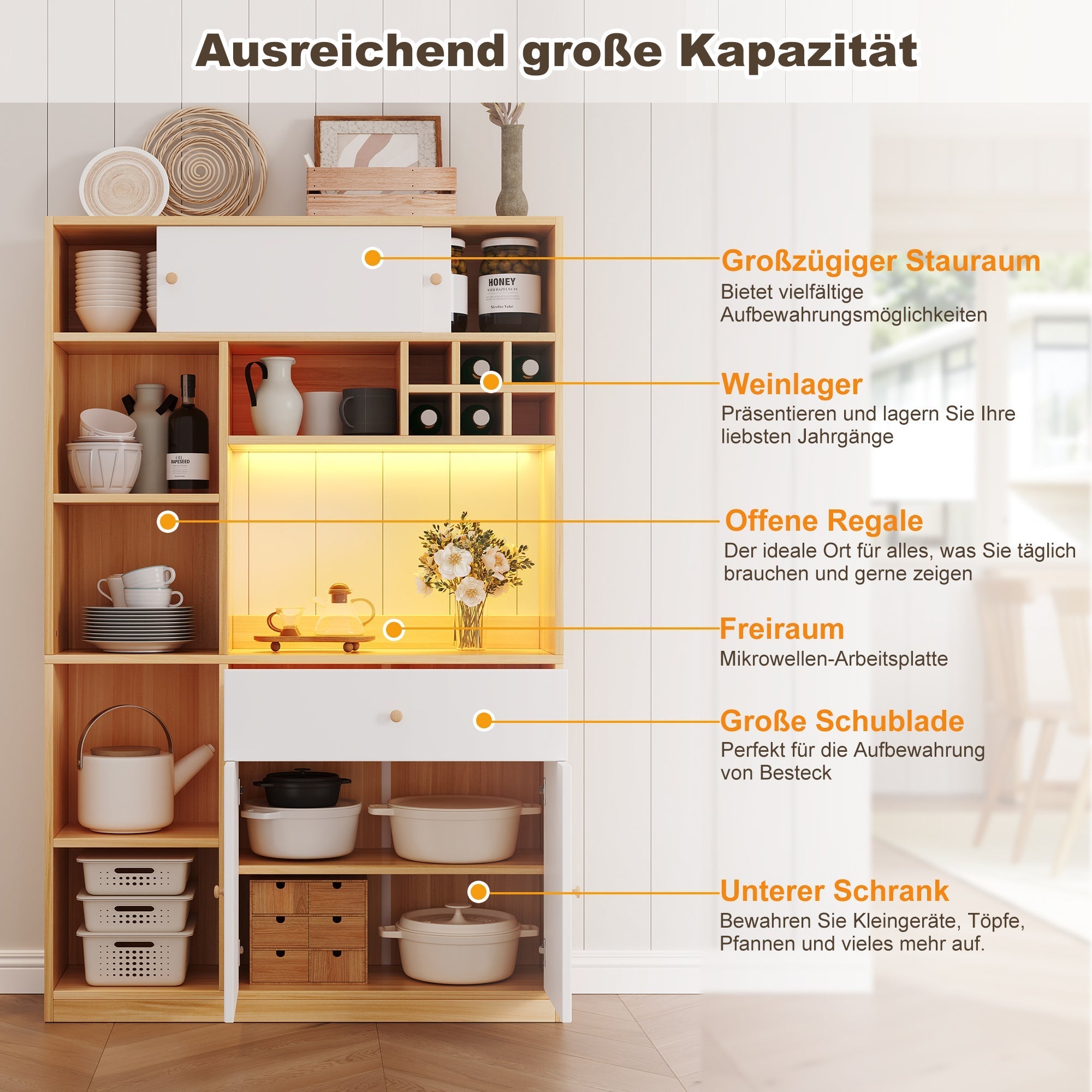 Kitchen Buffet Cabinet LED 1 Drawer 3 Doors Shelves 115x180cm