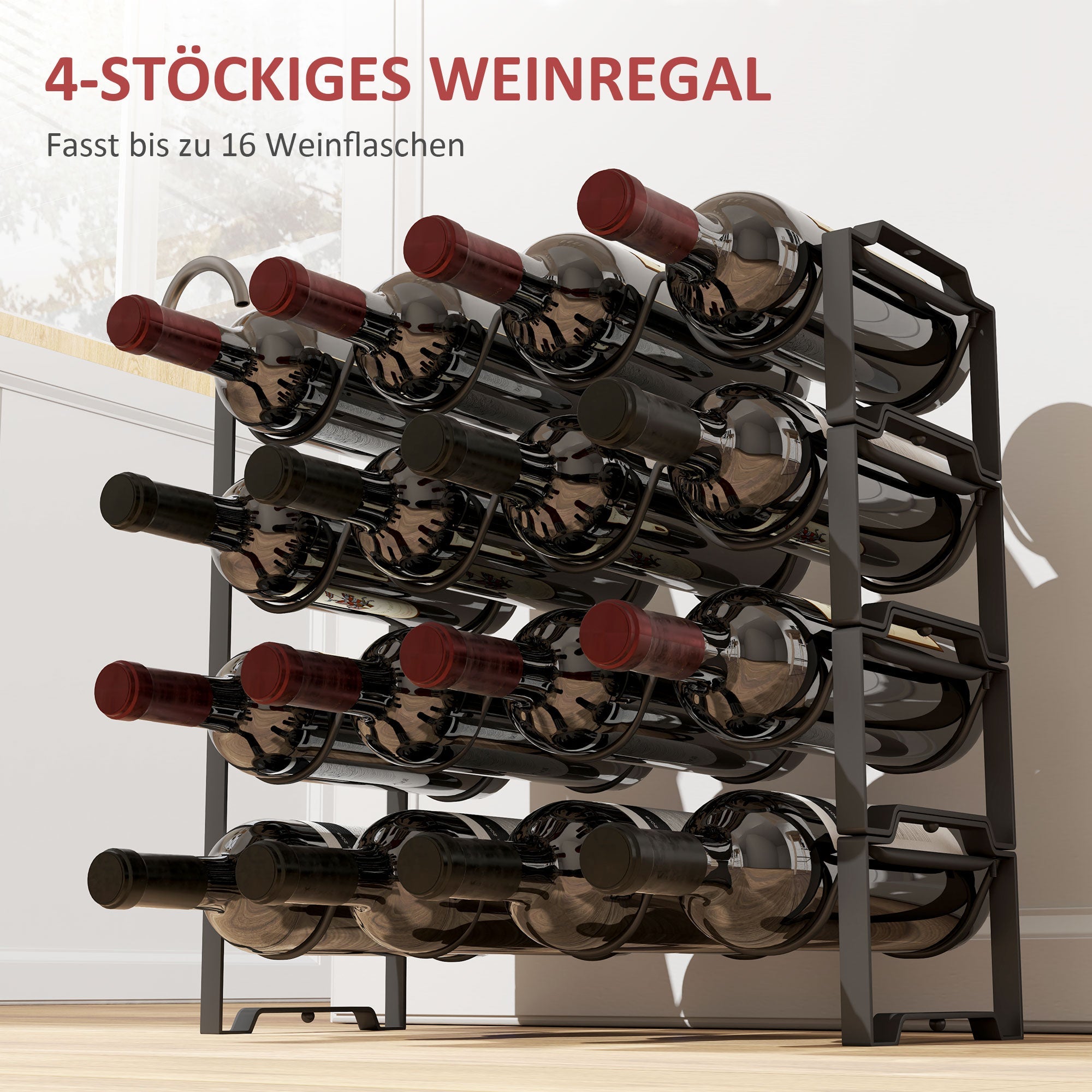 Wine Rack Bottle Rack for 16 Wine Bottles, Metal, Black