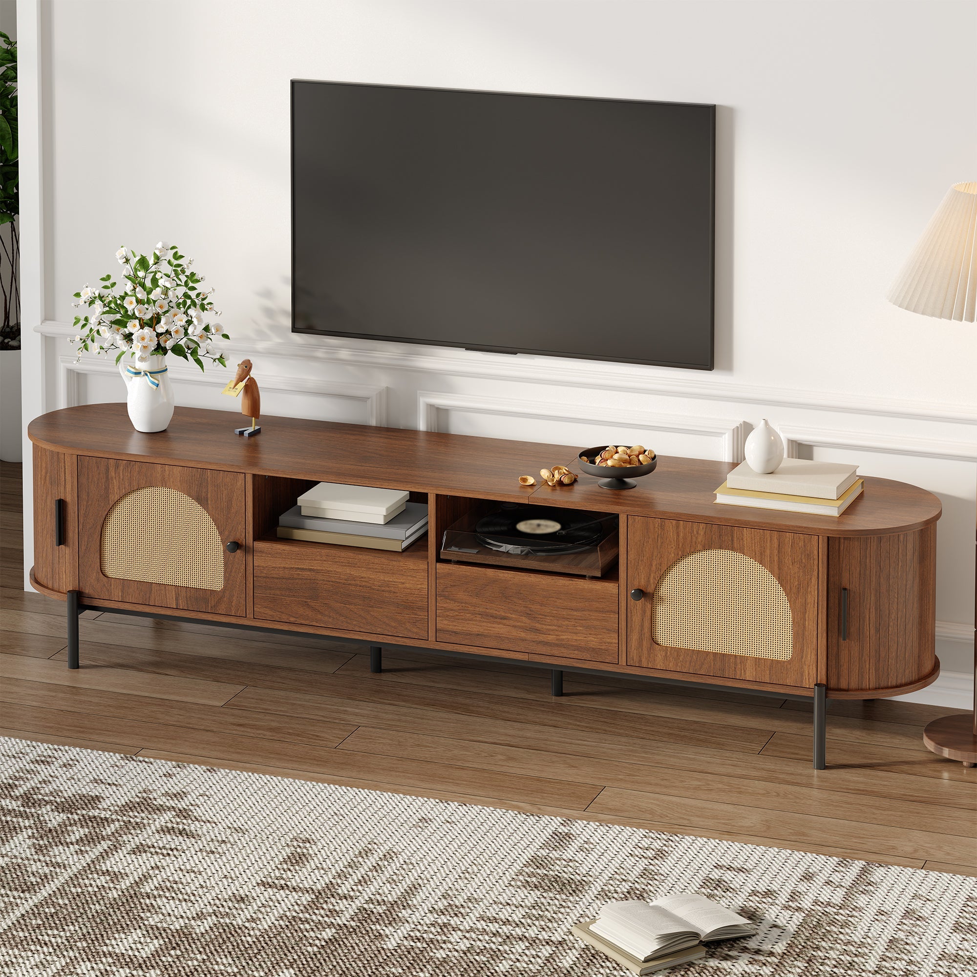 Oval TV Cabinet with Rattan Sliding Doors and Drawers, Wood Look and Metal Legs