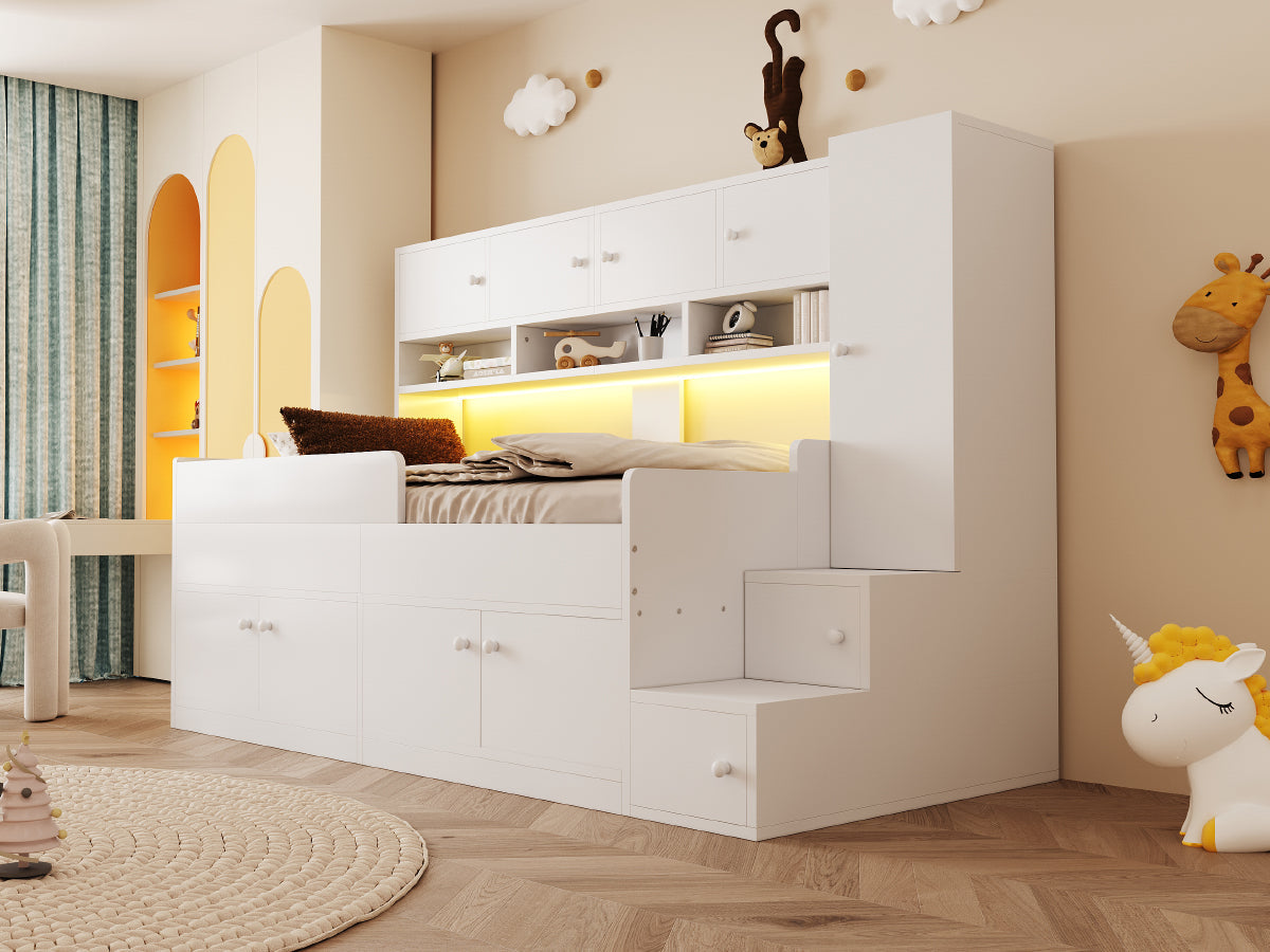 Wooden Children's Bed with Storage, Wardrobe, Ladder and LED Lighting, 90x200cm, White Wood