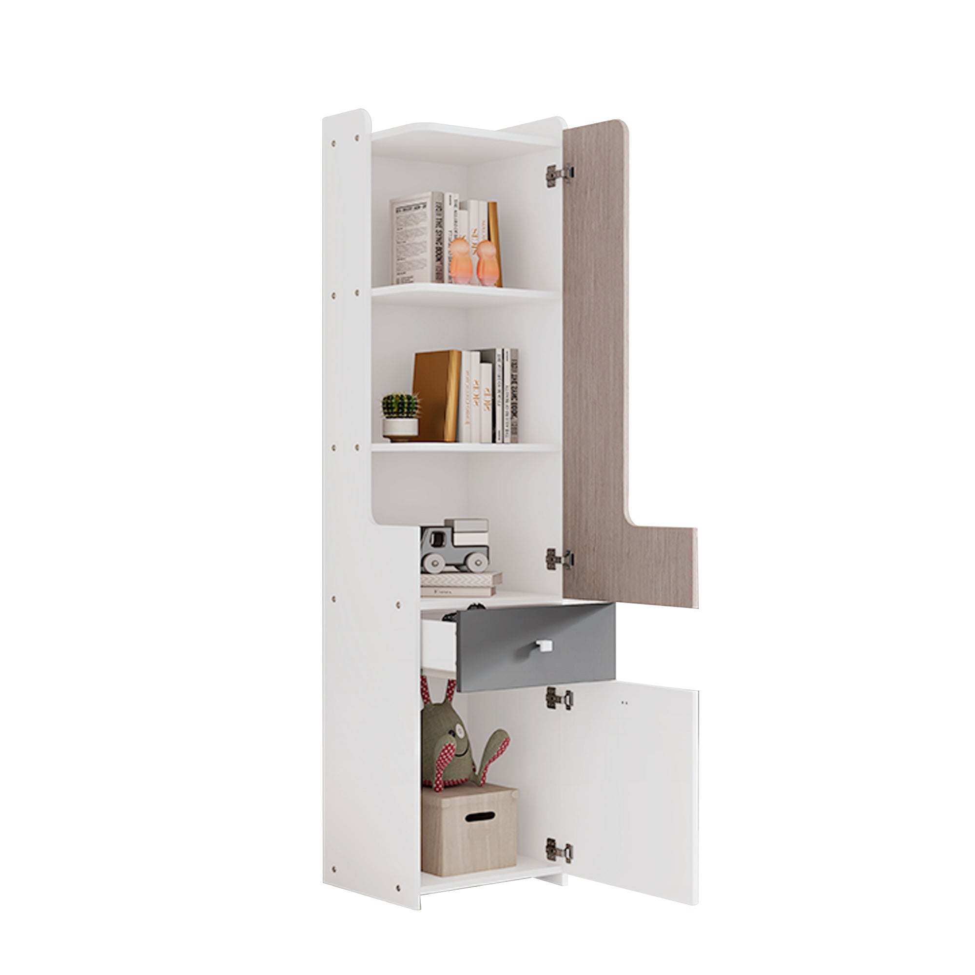 Bookcase, L-Shaped Door, Drawer, Hinged Doors, White MDF