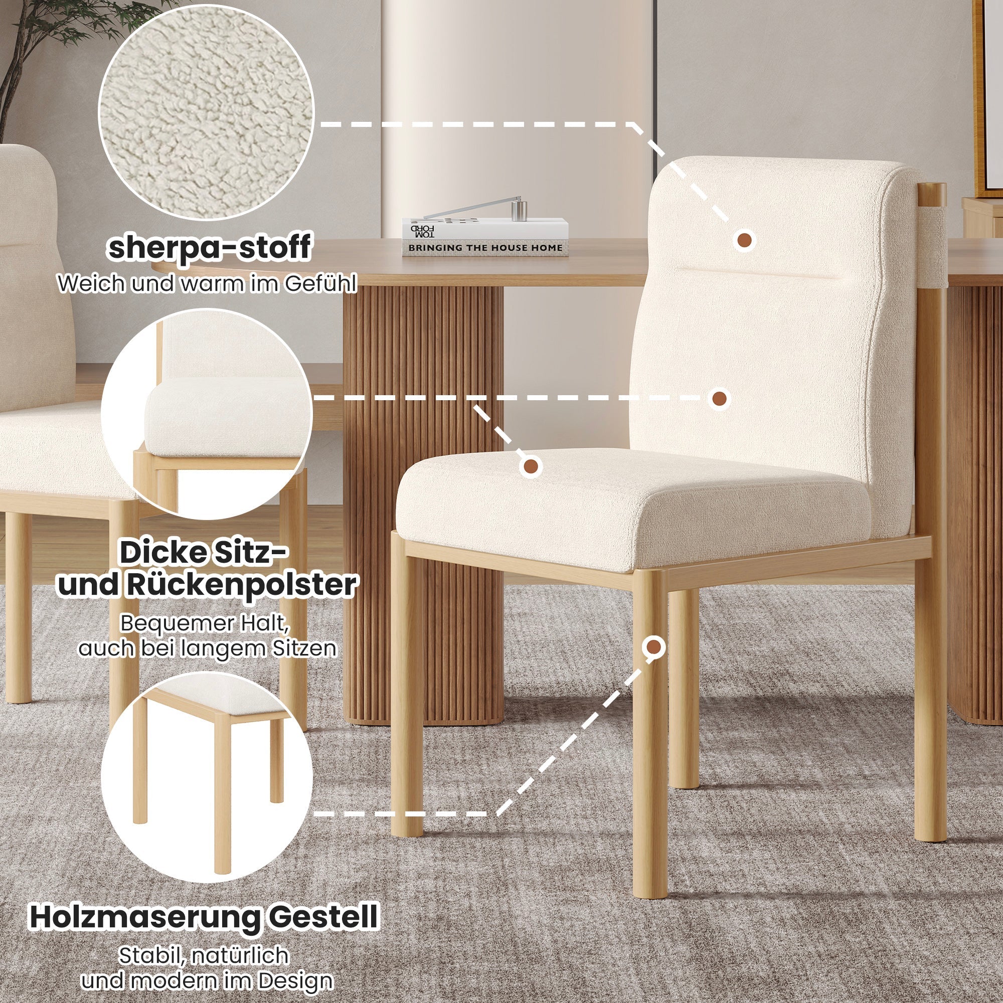 Dining Chairs Set of 6 Modern Oak-Effect Frame Padded Seat - Sherpa Fabric Beige