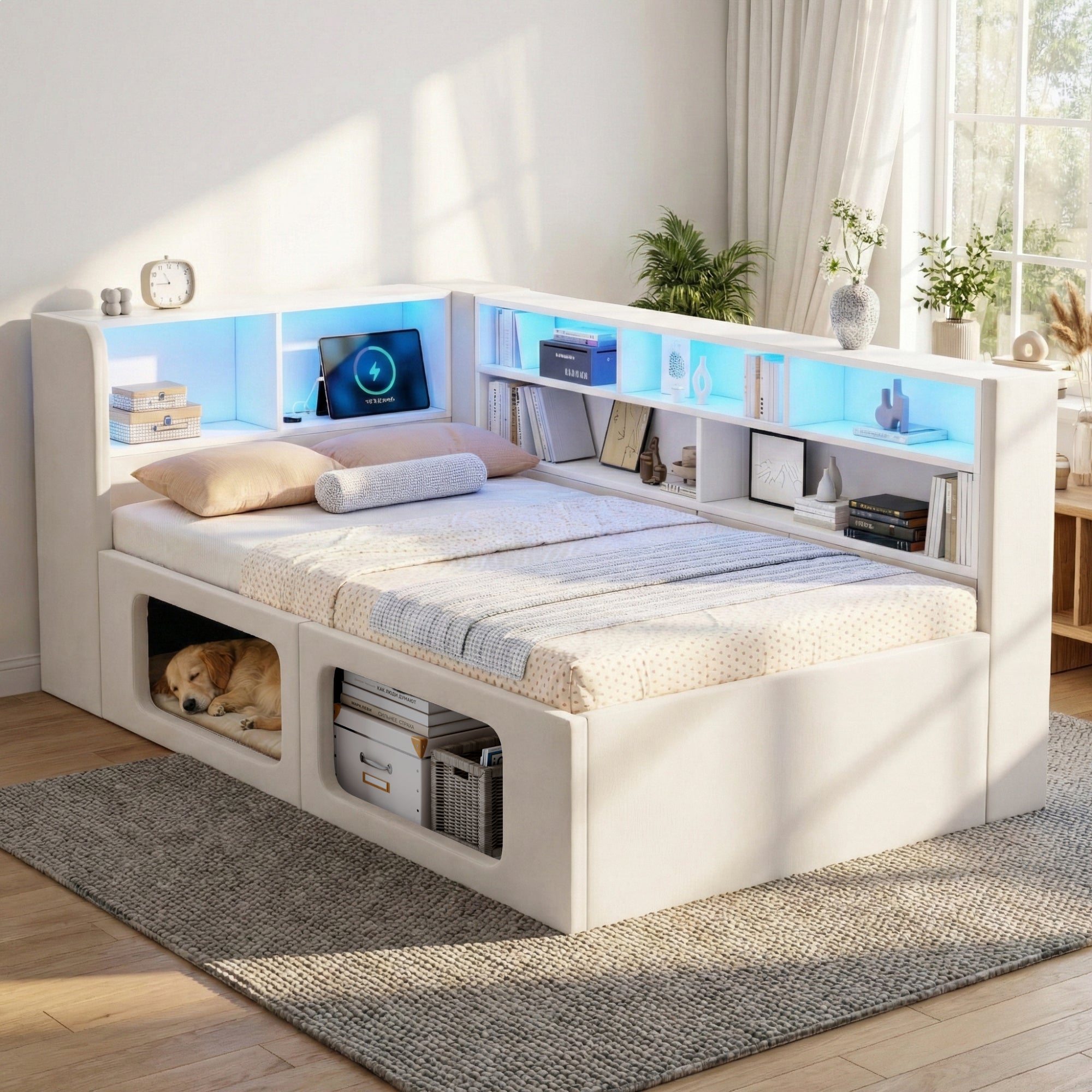 Daybed with Integrated Pet House, LED, USB and Storage, 90x200cm, Beige Velvet
