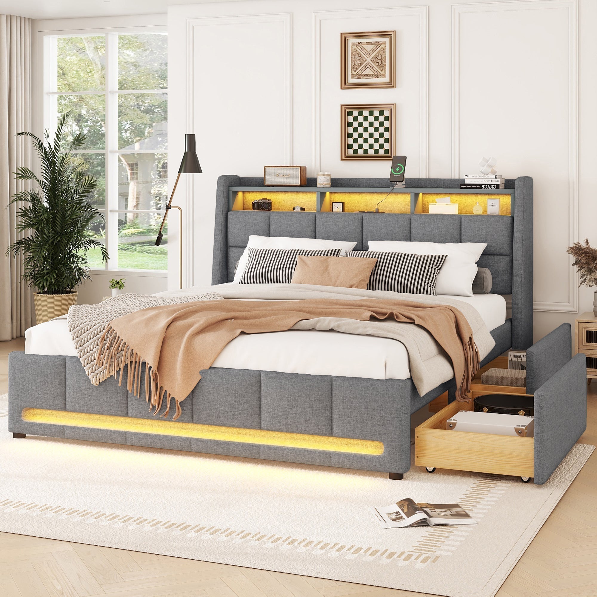 Upholstered Bed 140x200cm LED Light, Drawers, USB/Socket, Built-in Storage - Linen Grey