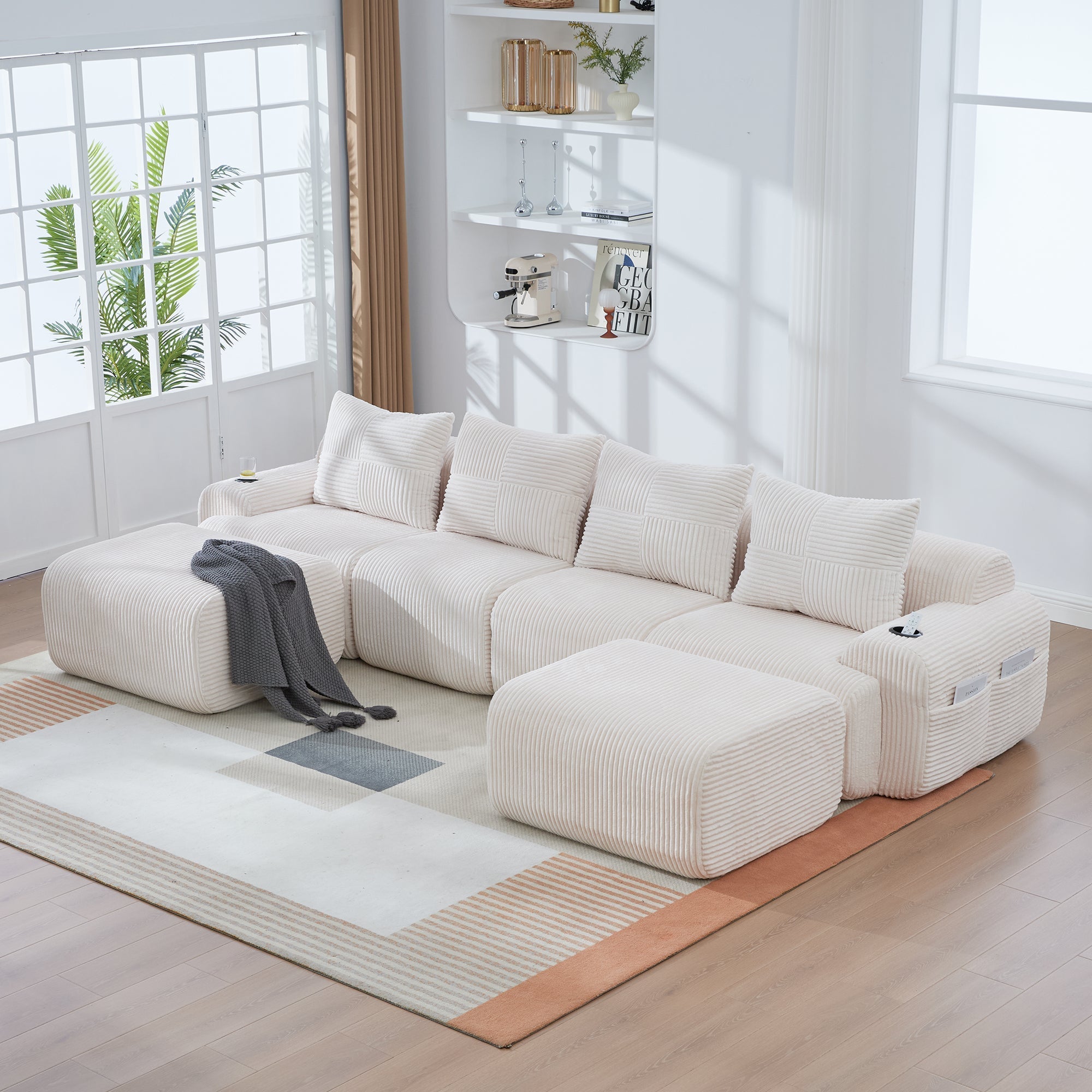 Modular Corduroy Sofa, 4-Seater with 2 Ottomans, Cup Holders and Storage, Beige