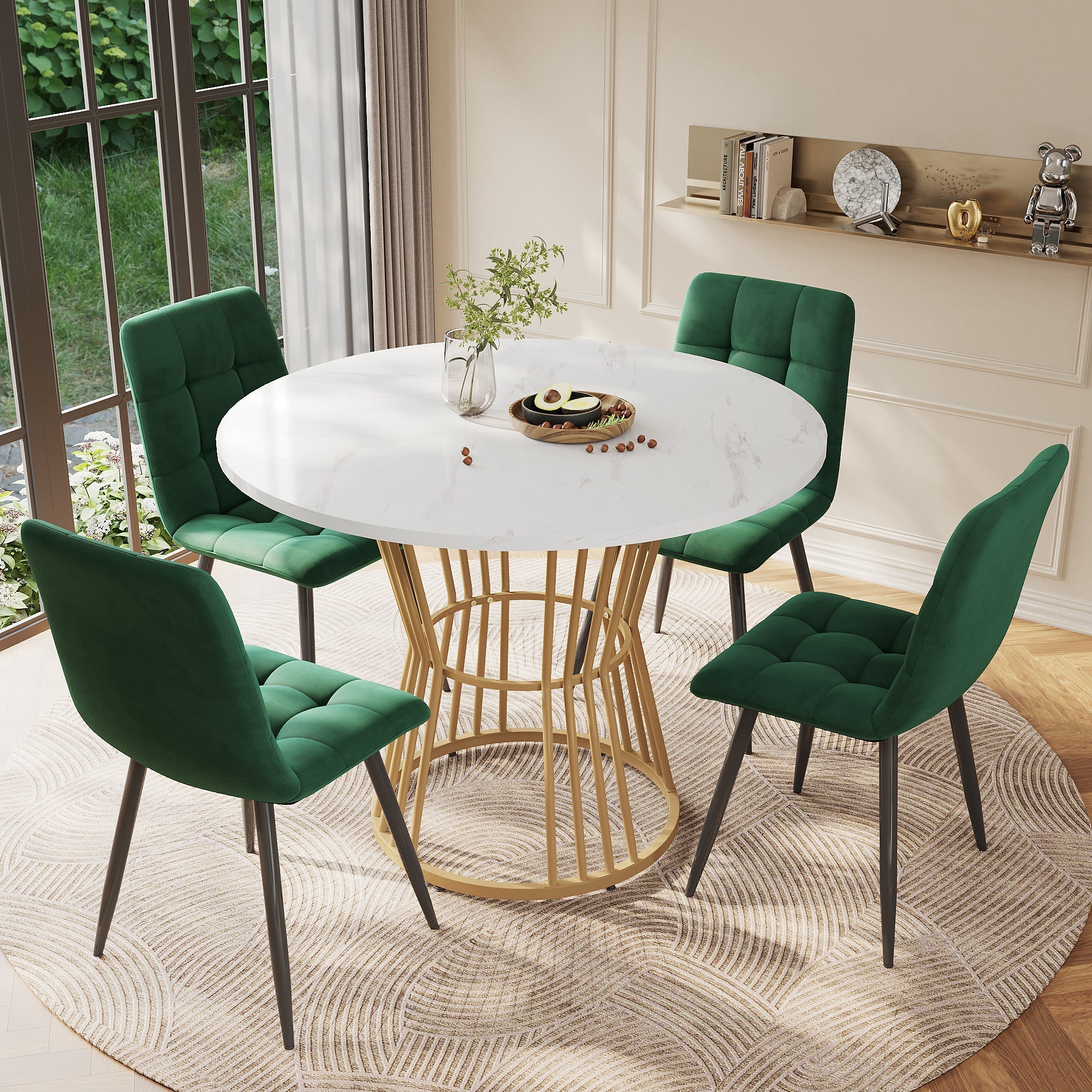 Dining Table Set 5-Piece Round 100cm Gold Metal Legs White MDF Green Velvet