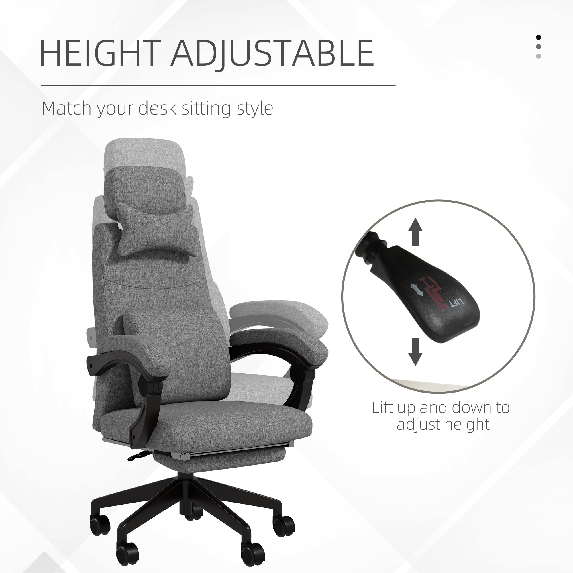 Linen-Look Office Chair with 160° Reclining Back and Footrest - Grey