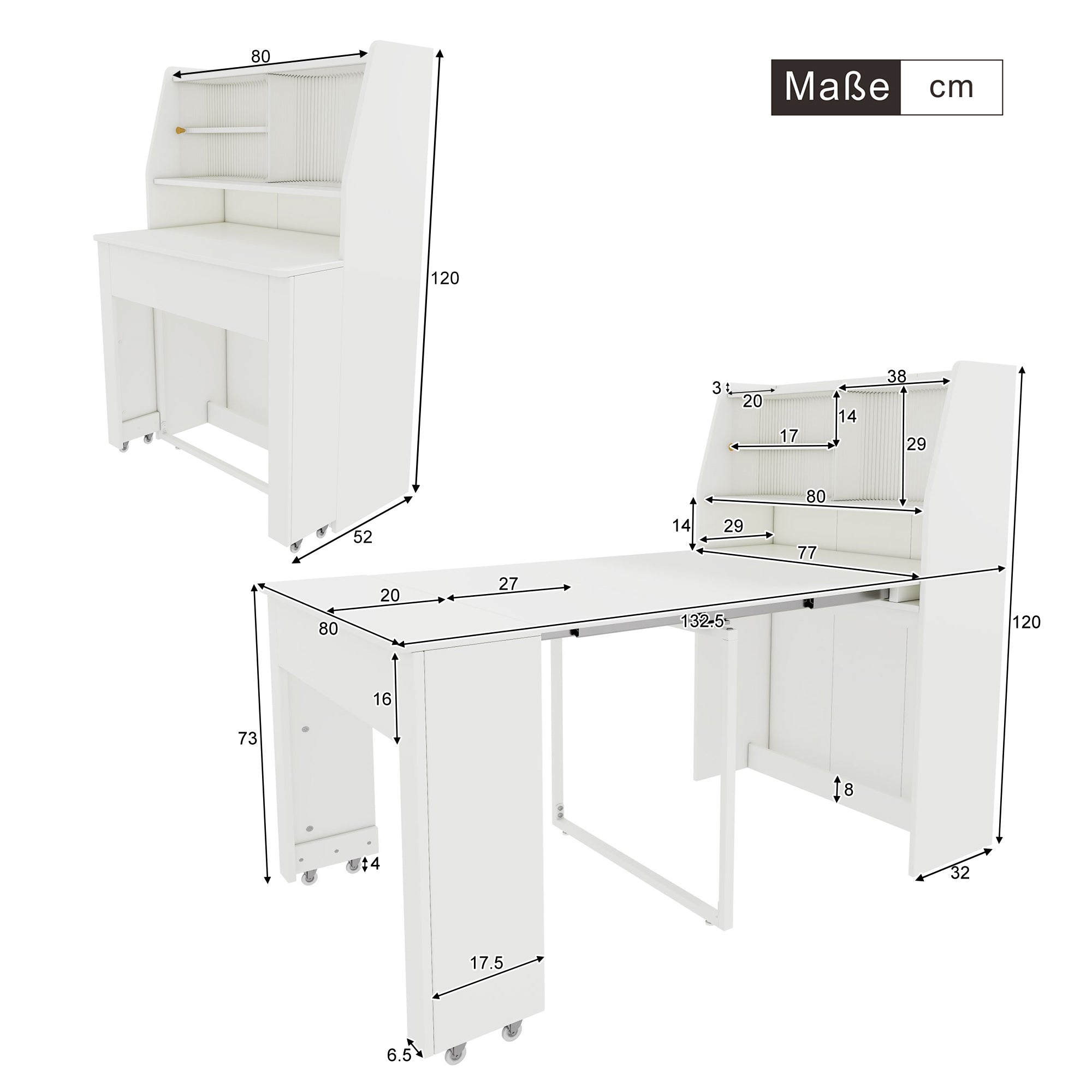 Extendable Dining Table Multifunctional Storage Cabinet Rectangular White