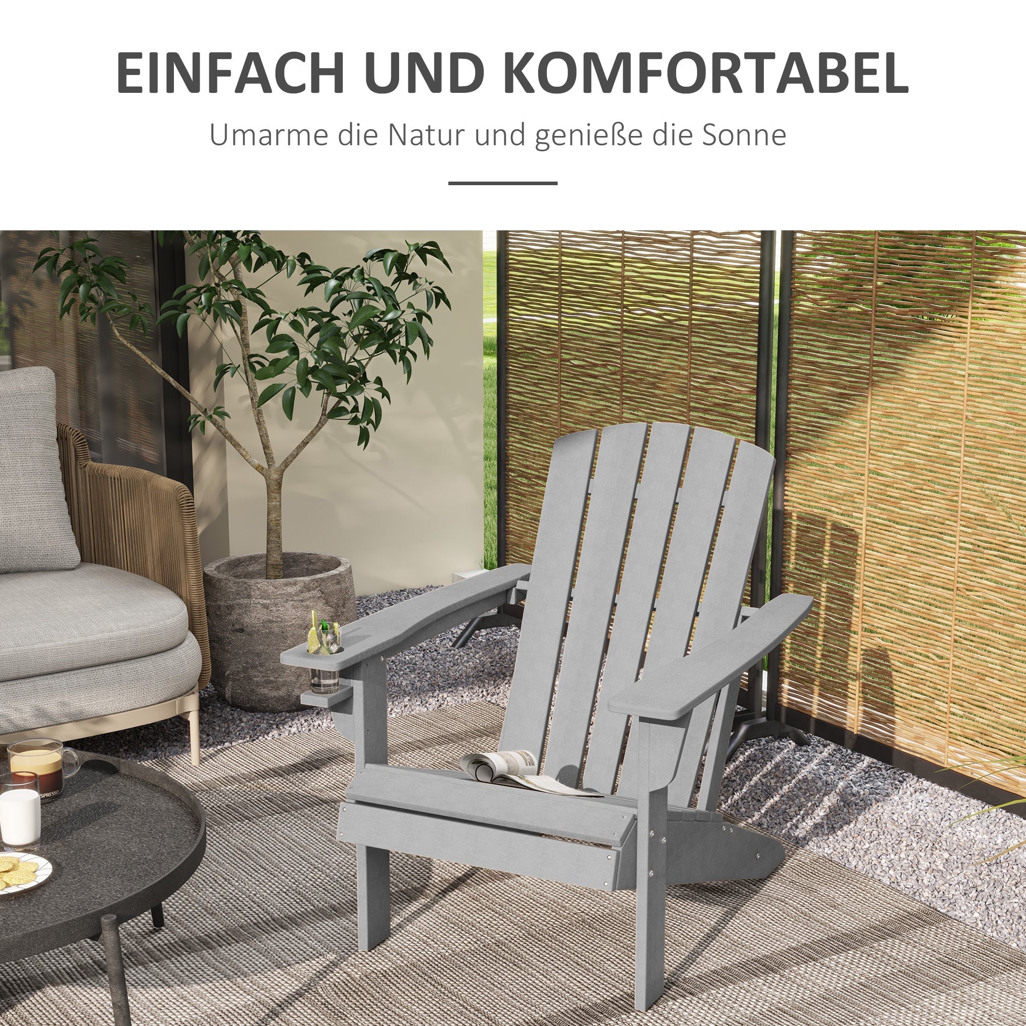 Adirondack Garden Chair, Drink Holder, Plastic Armchair, Grey