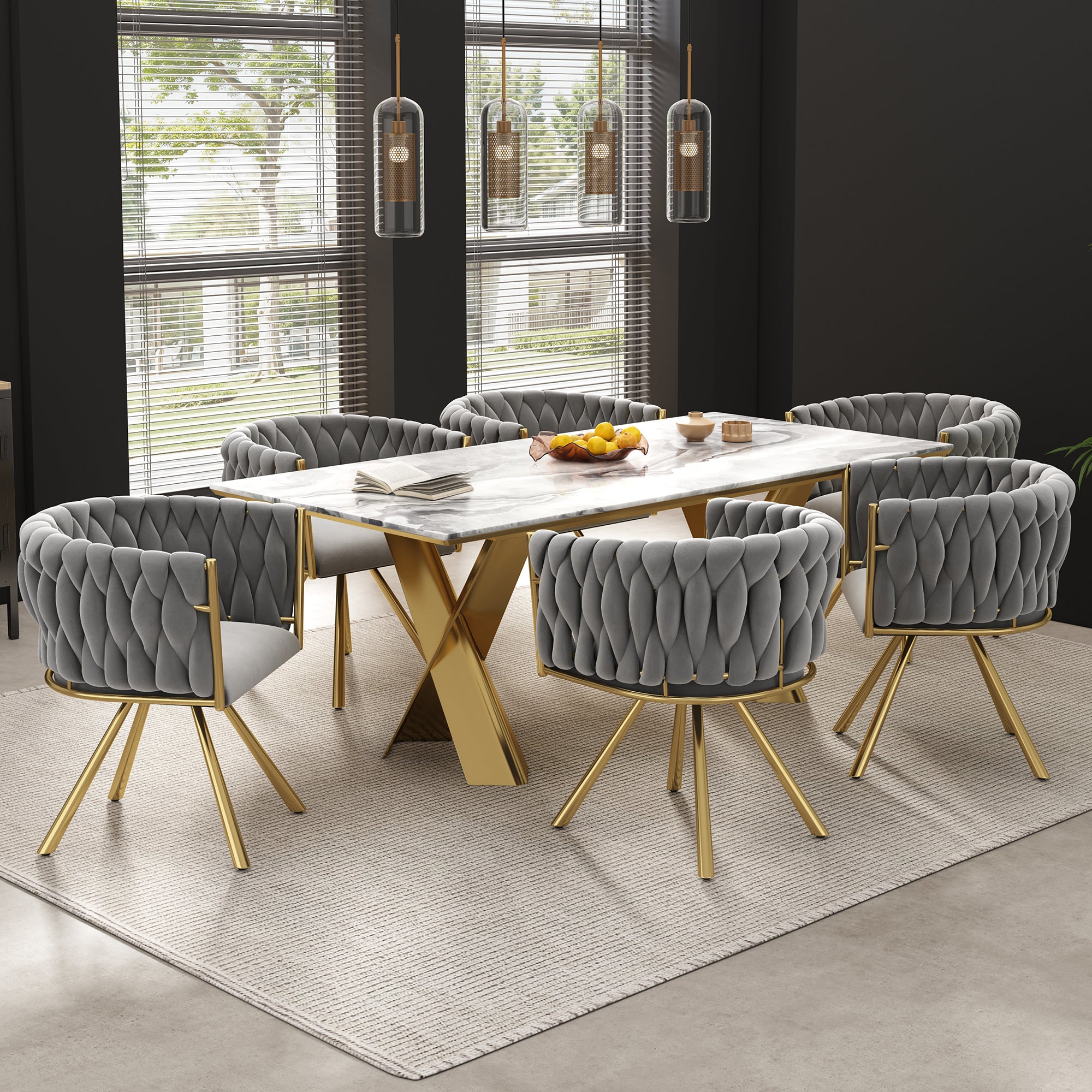 Dining Chair Set of 6 Swivel Metal Legs - Velvet Grey/Gold
