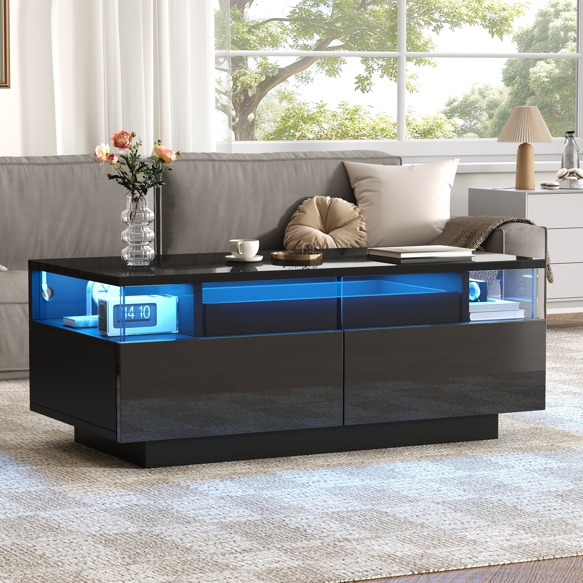 Coffee Table with Tray, High-Gloss, 2 Drawers, Tempered Glass, LED Light, Black