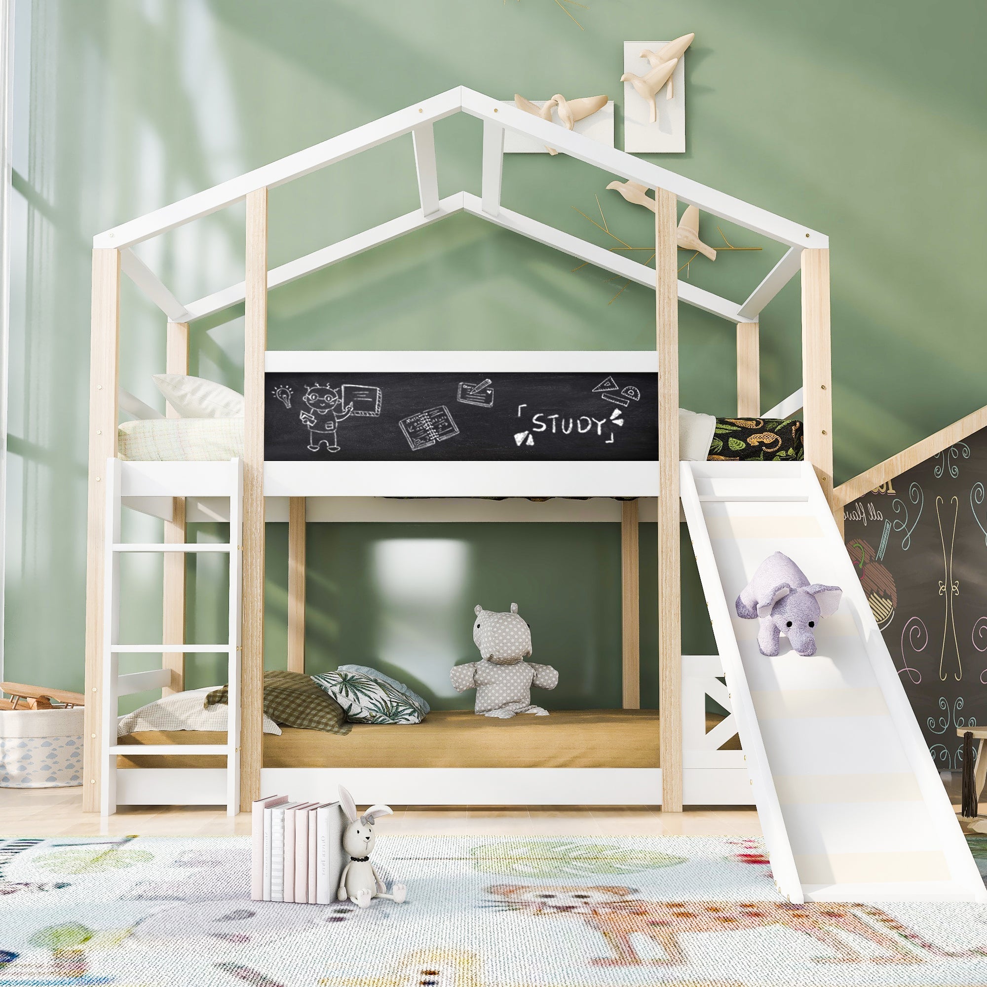 Children's Bed Tree House, Loft Bed with Slide & Ladder, 90x200cm, Natural & White