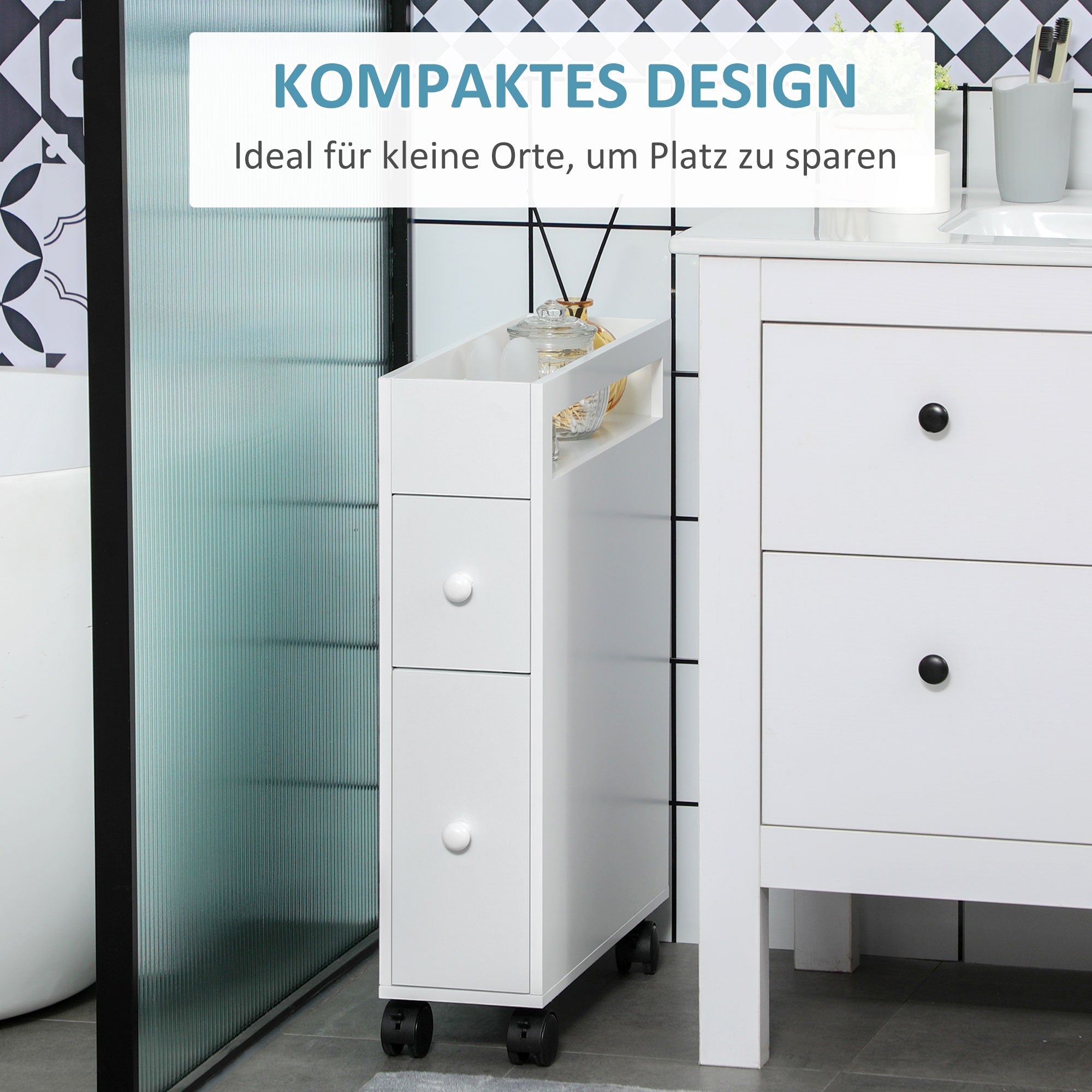Bathroom Cabinet Niche Trolley with Wheels 2 Drawers Open Compartment, White