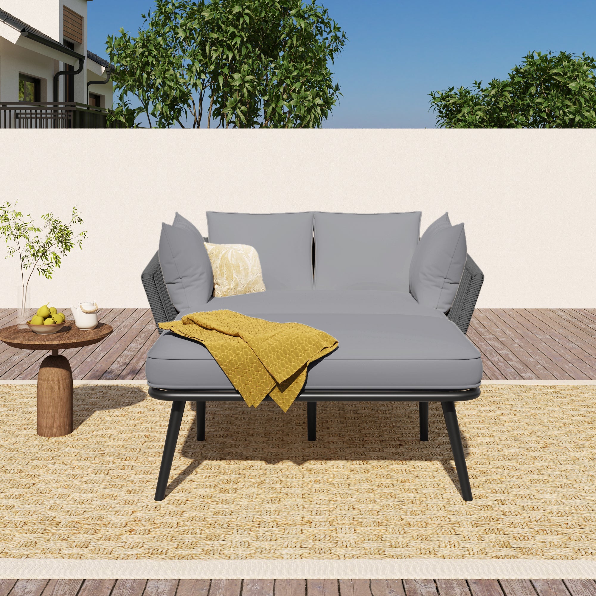 Garden Sofa and Sun Lounger with 2 Cushions and 2 Pillows, Grey