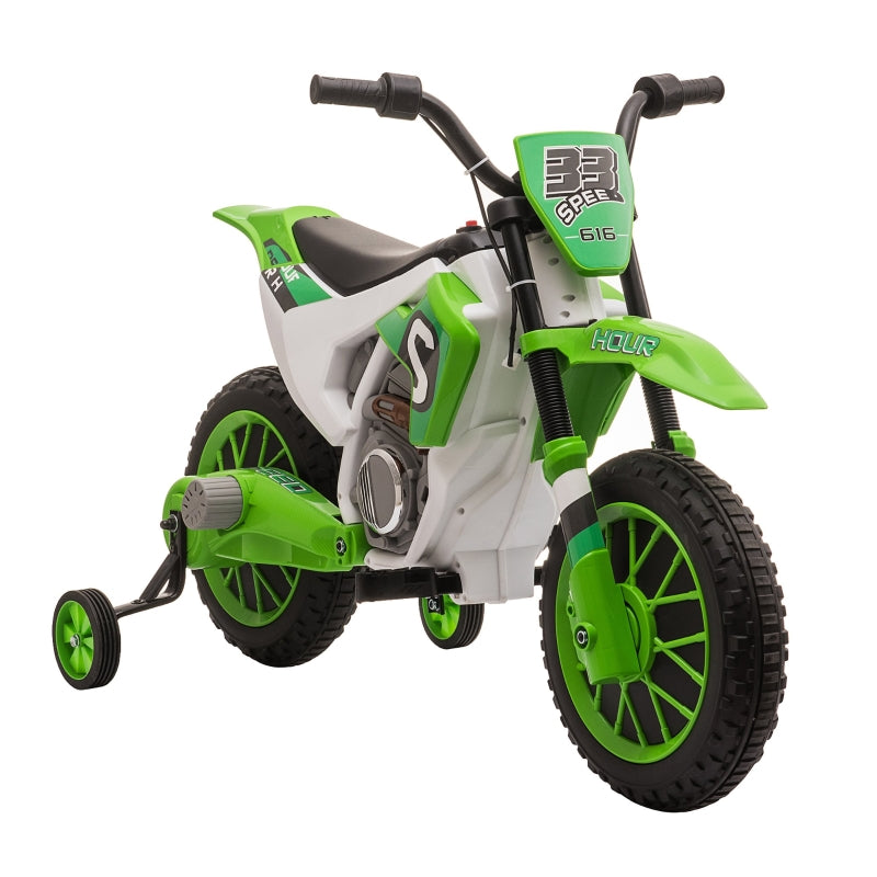 Children's Electric Motorcycle with Training Wheels and 45 Min Driving Time, Green and White
