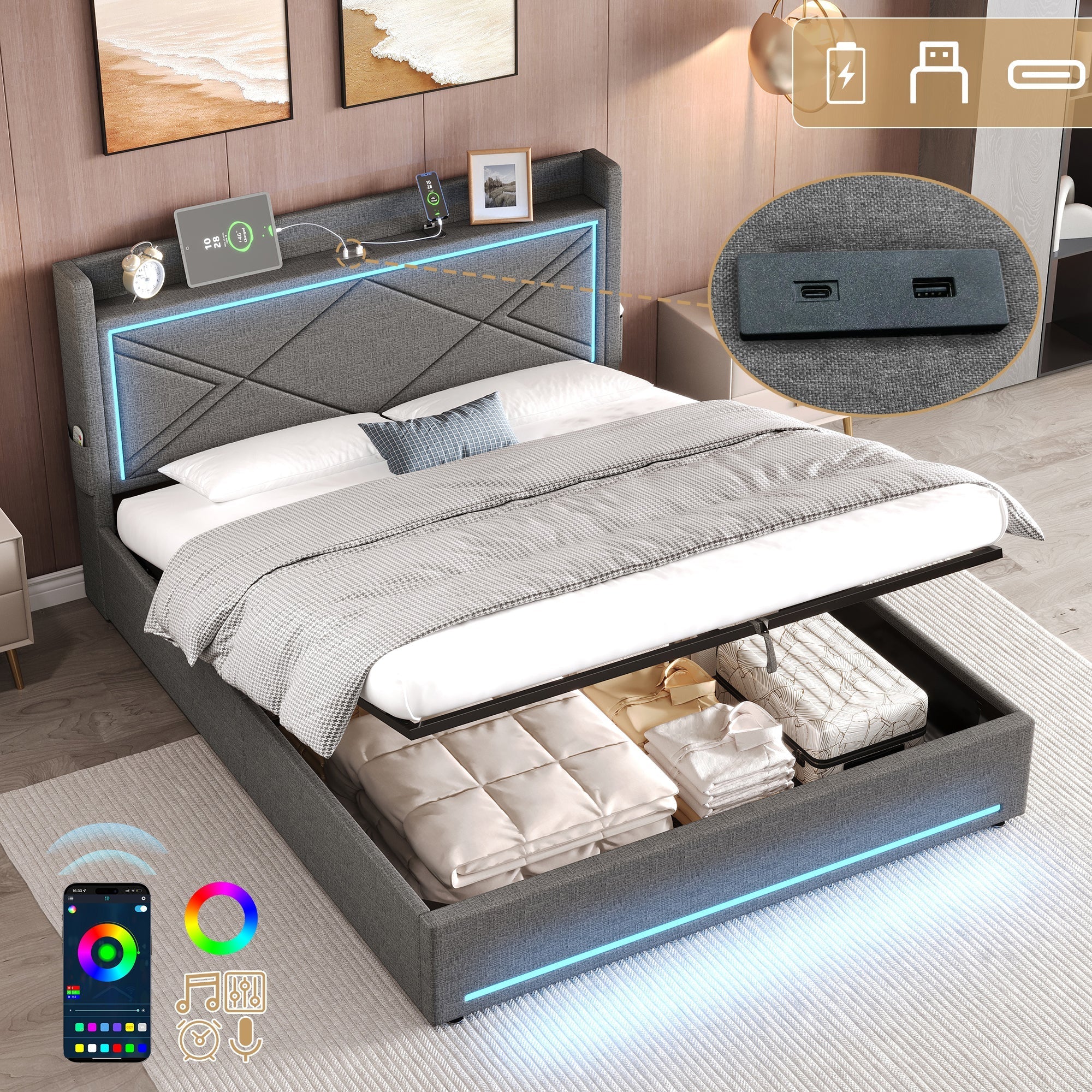 5ft King Upholstered Bed Frame with Hydraulic Storage, LED, and Charging Station, Linen Grey
