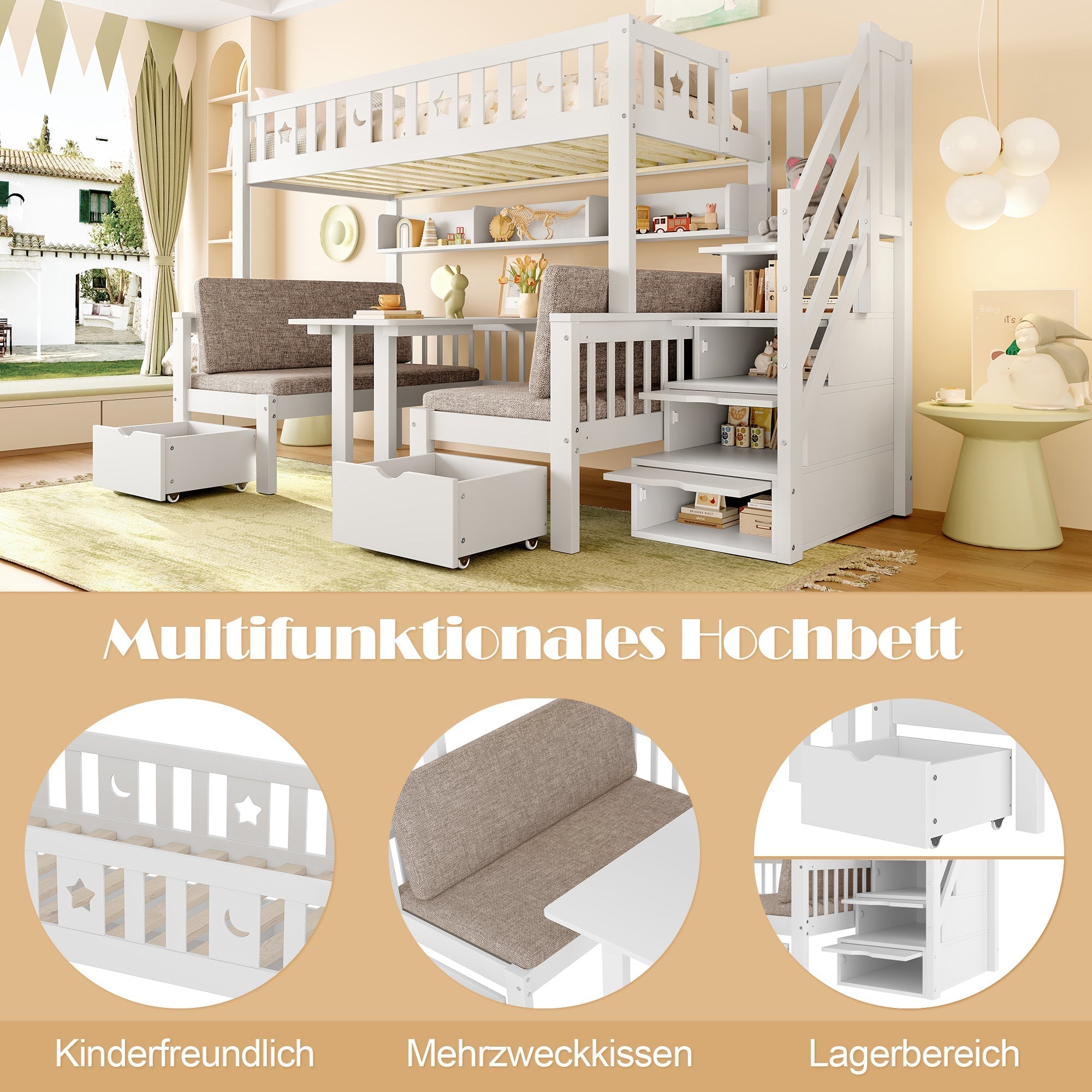 Multifunctional Loft Bed, 90x200cm 2-in-1 Bed & Desk Storage Ladder, White