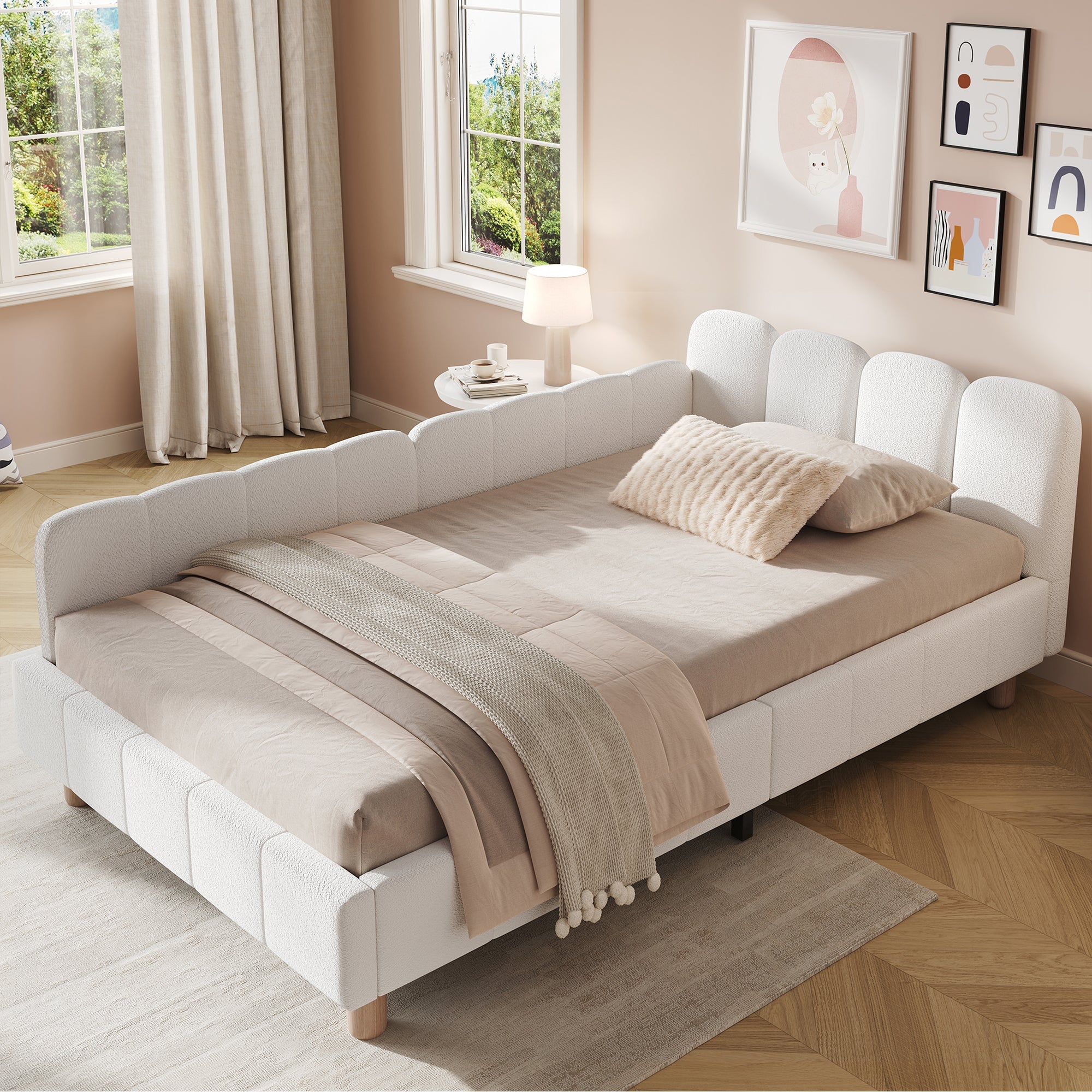 Upholstered Children's Bed, 90x200cm Single Bed with Safety Rail and Solid Wood Legs, Beige Bouclé