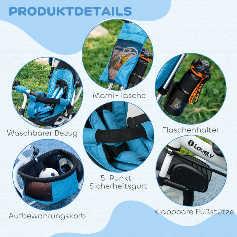 6-in-1 tricycle with push bar, removable sun canopy, 5-point safety harness, blue