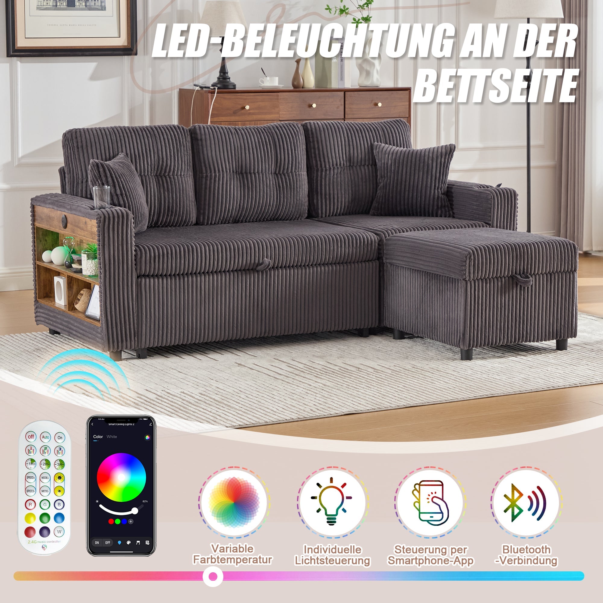 Multifunctional Sofa with Storage & Pull-Out Bed, USB-C, Ambient Light, Corduroy