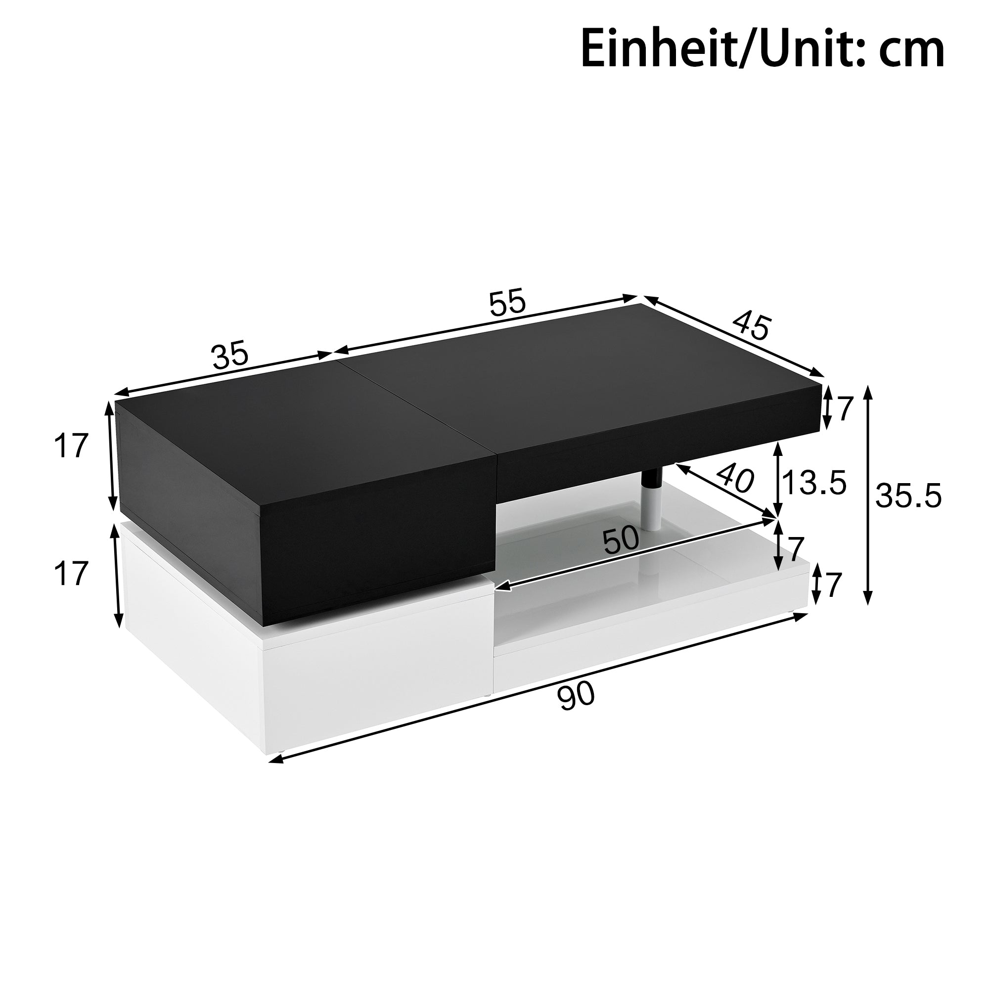 Coffee Table with LED Lighting, Bluetooth, Glass Shelf, Black & White