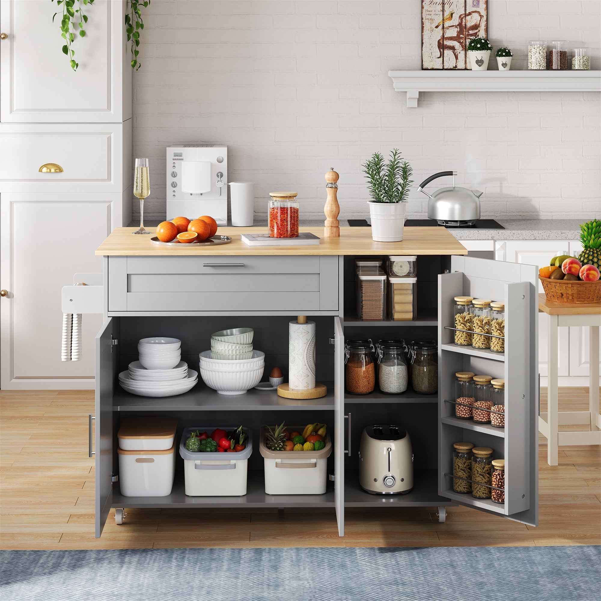 Mobile Kitchen Table Folding Top Storage Wheels - Oak Grain