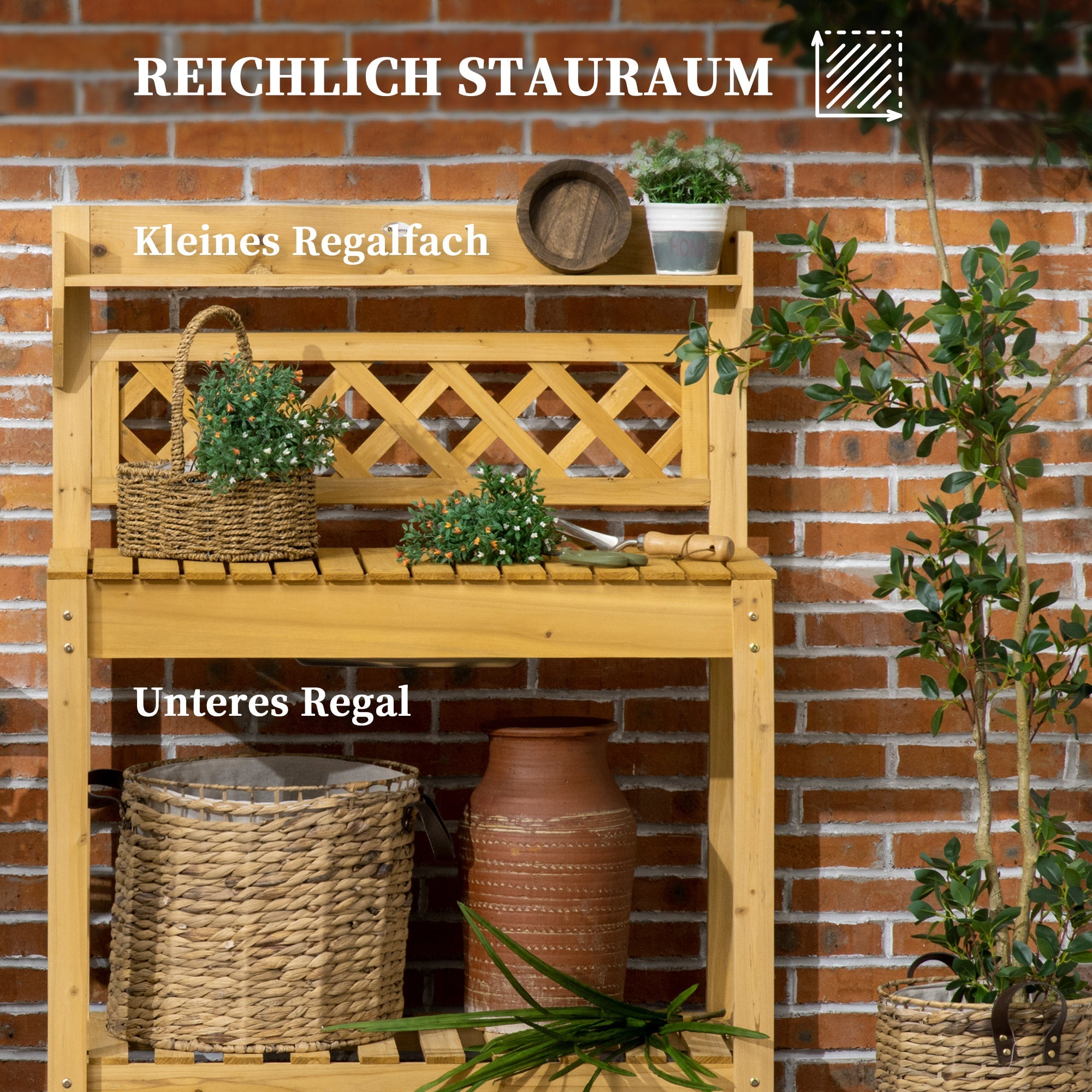 Planting Table with Extendable Tabletop, Stainless Steel Sink, Solid Wood, Brown