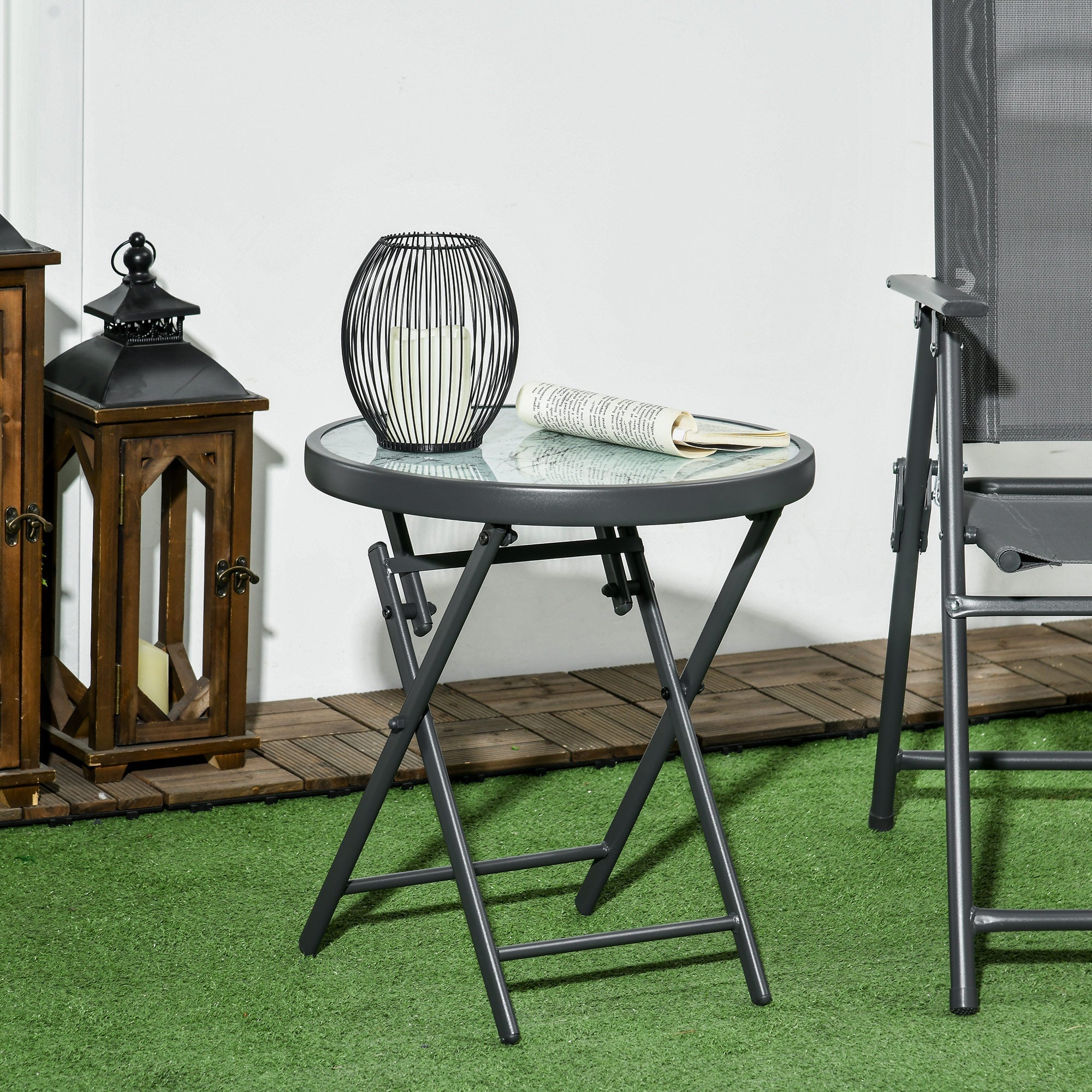 Folding Side Table, Round Glass Marble Look 45x50cm, White