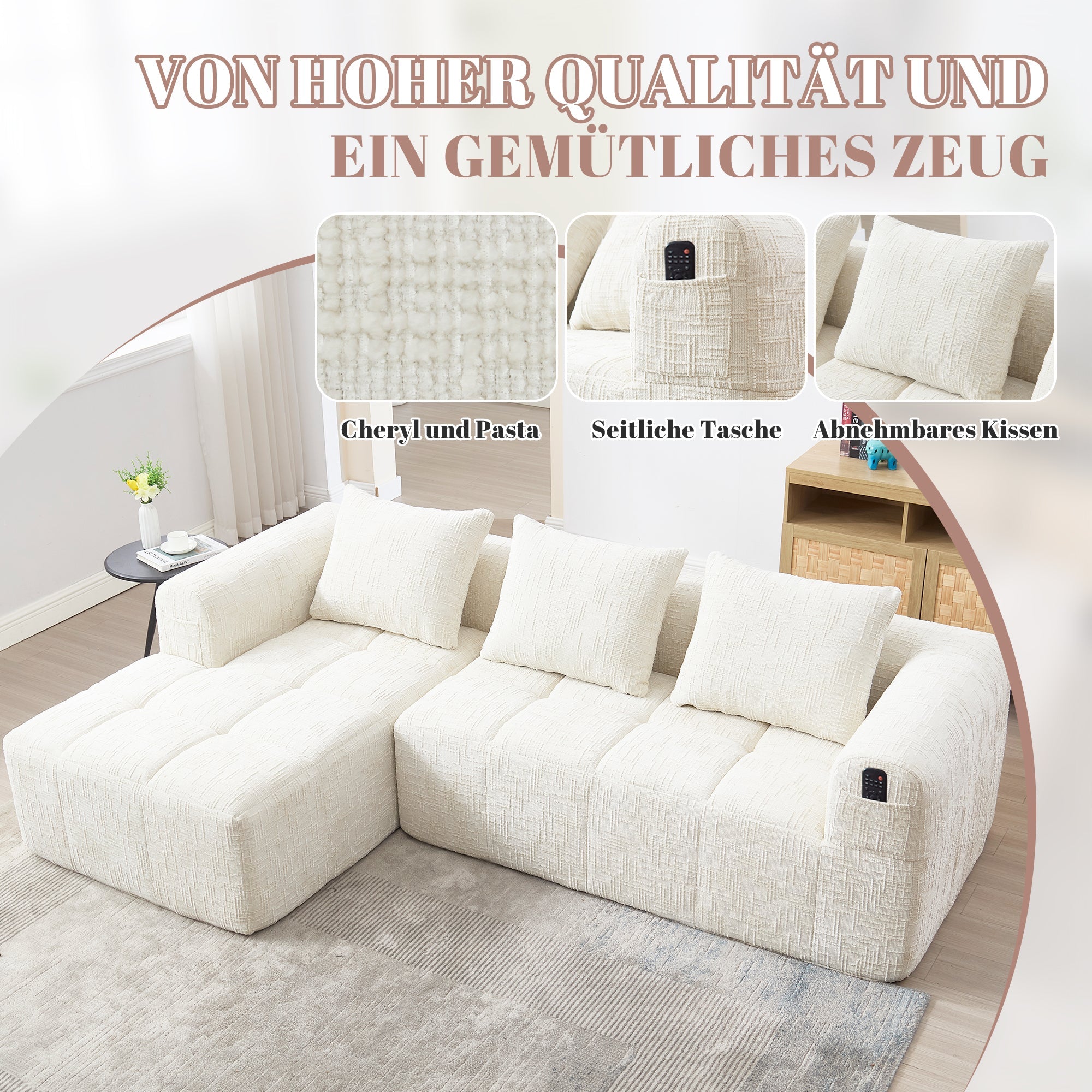 Modern Sectional Sofa, L-Shaped 3-Seater Chaise, No Assembly Chenille Beige