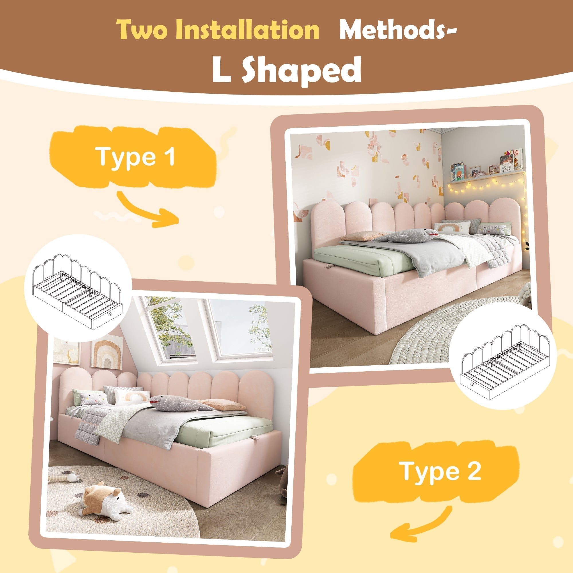 Upholstered Daybed Bed with Hydraulic Storage, 3FT Single 90x190cm Metal Frame, Velvet Pink