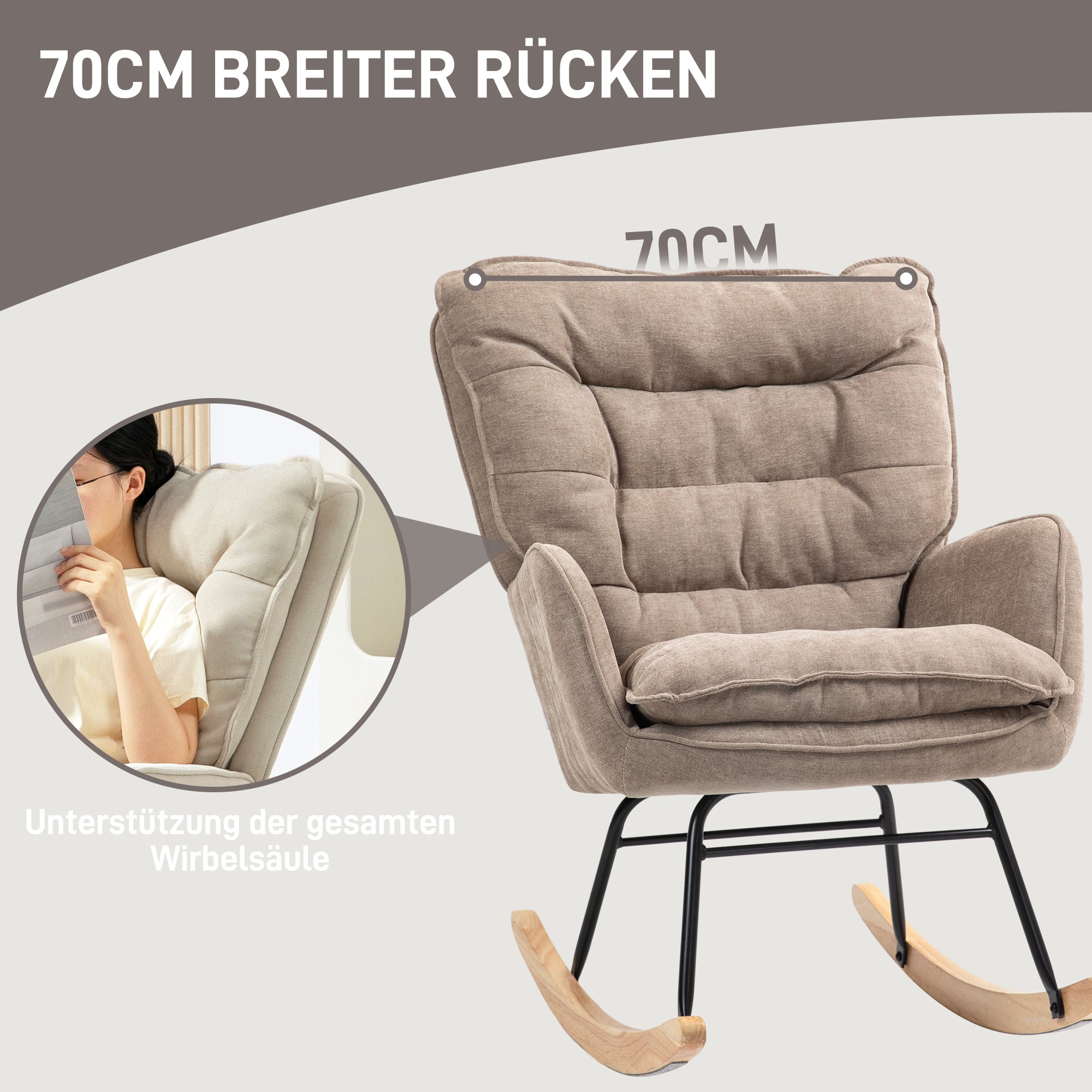 Rocking Chair, Armrests, Nursing, 120kg Load Capacity, Brown