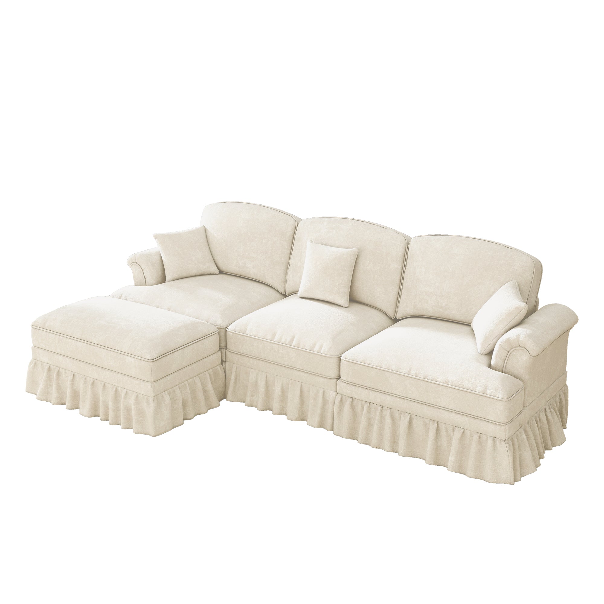 Modular L-Shaped Sofa 3-Seater Mid-Century Ottoman - White Chenille
