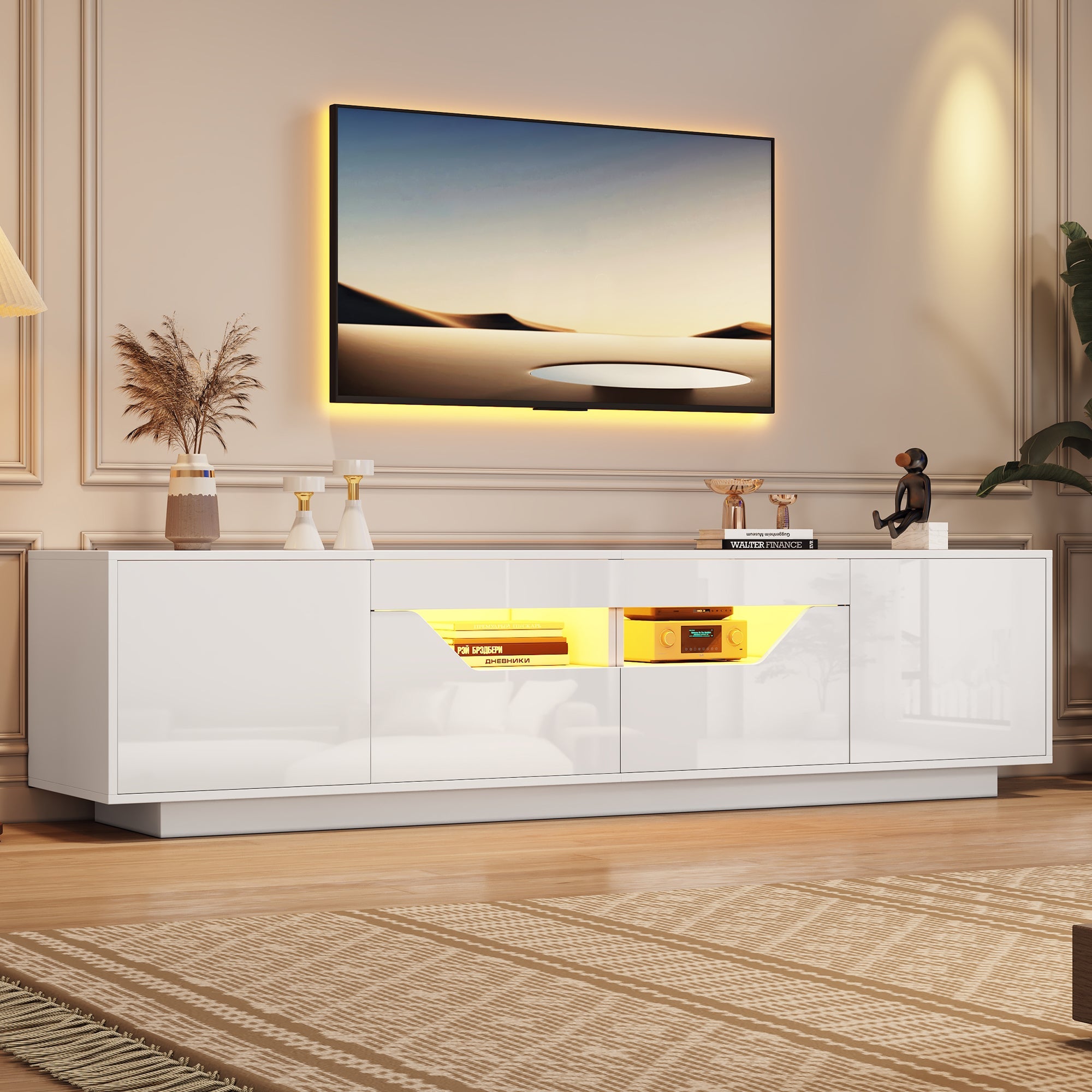 TV Stand Lowboard 180cm 75-inch TV LED Lights High-Gloss White