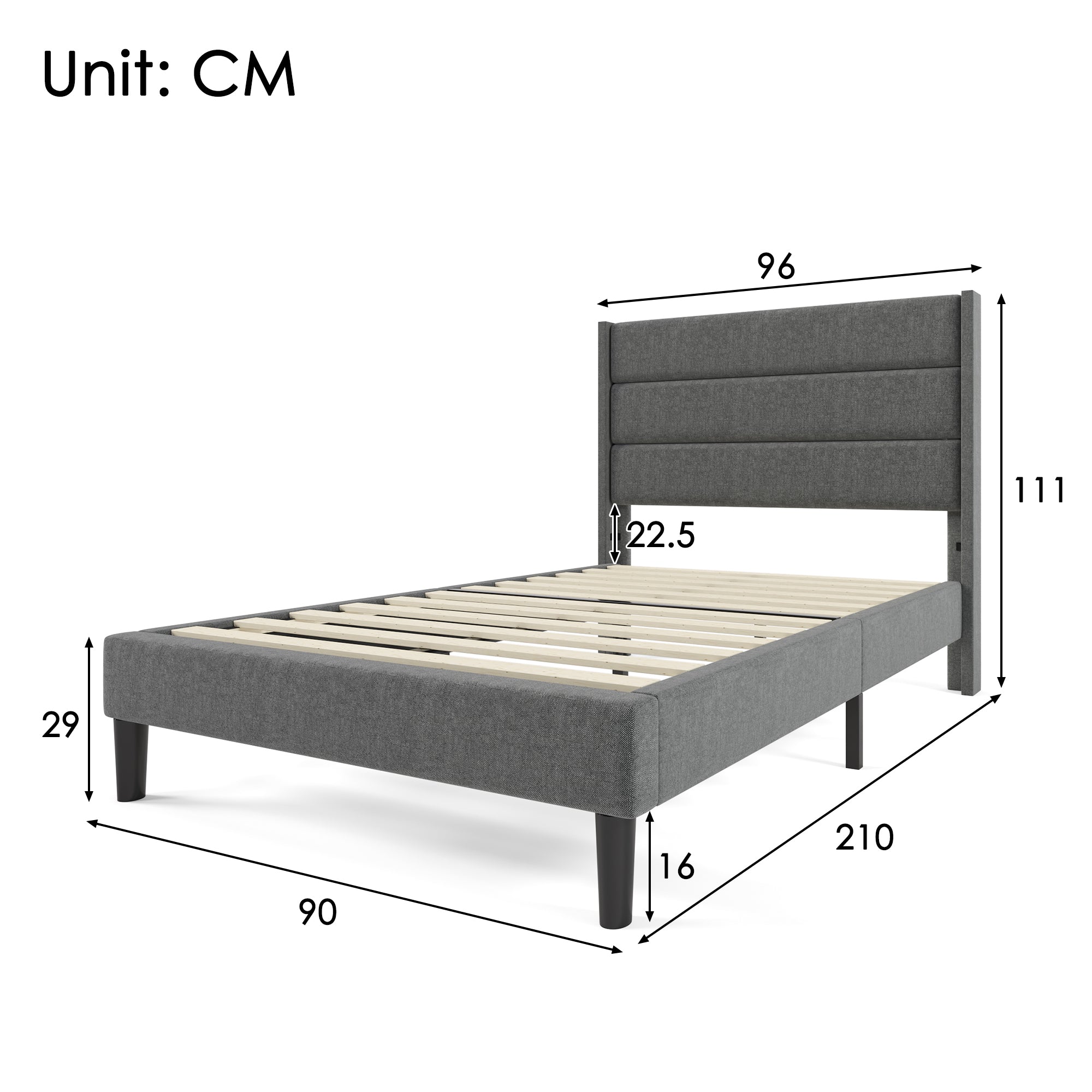 Upholstered Bed: Slatted Frame & Headboard, 90x200cm, Grey Linen