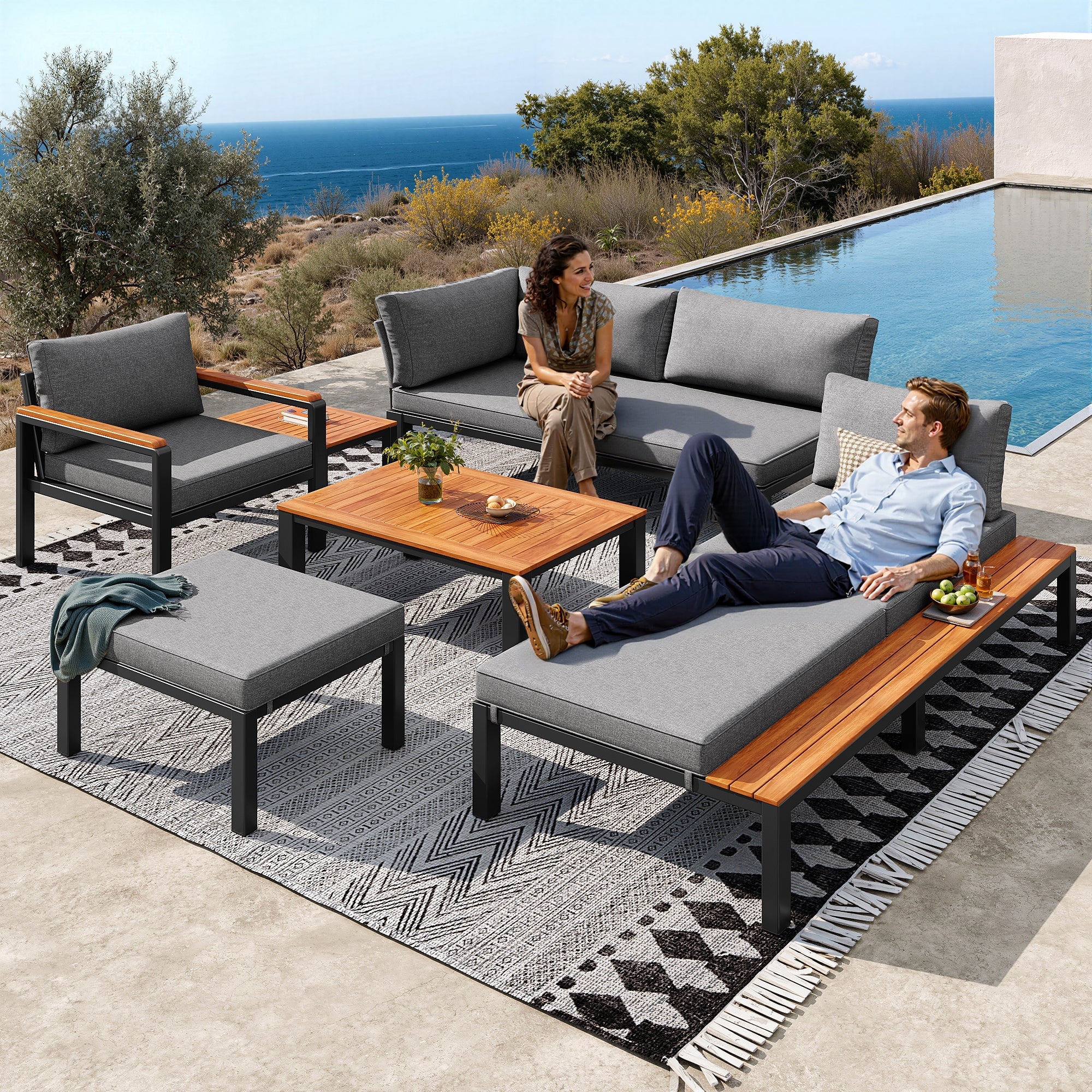 Modular Outdoor Seating Set with Metal Frame and Wooden Tables, Grey
